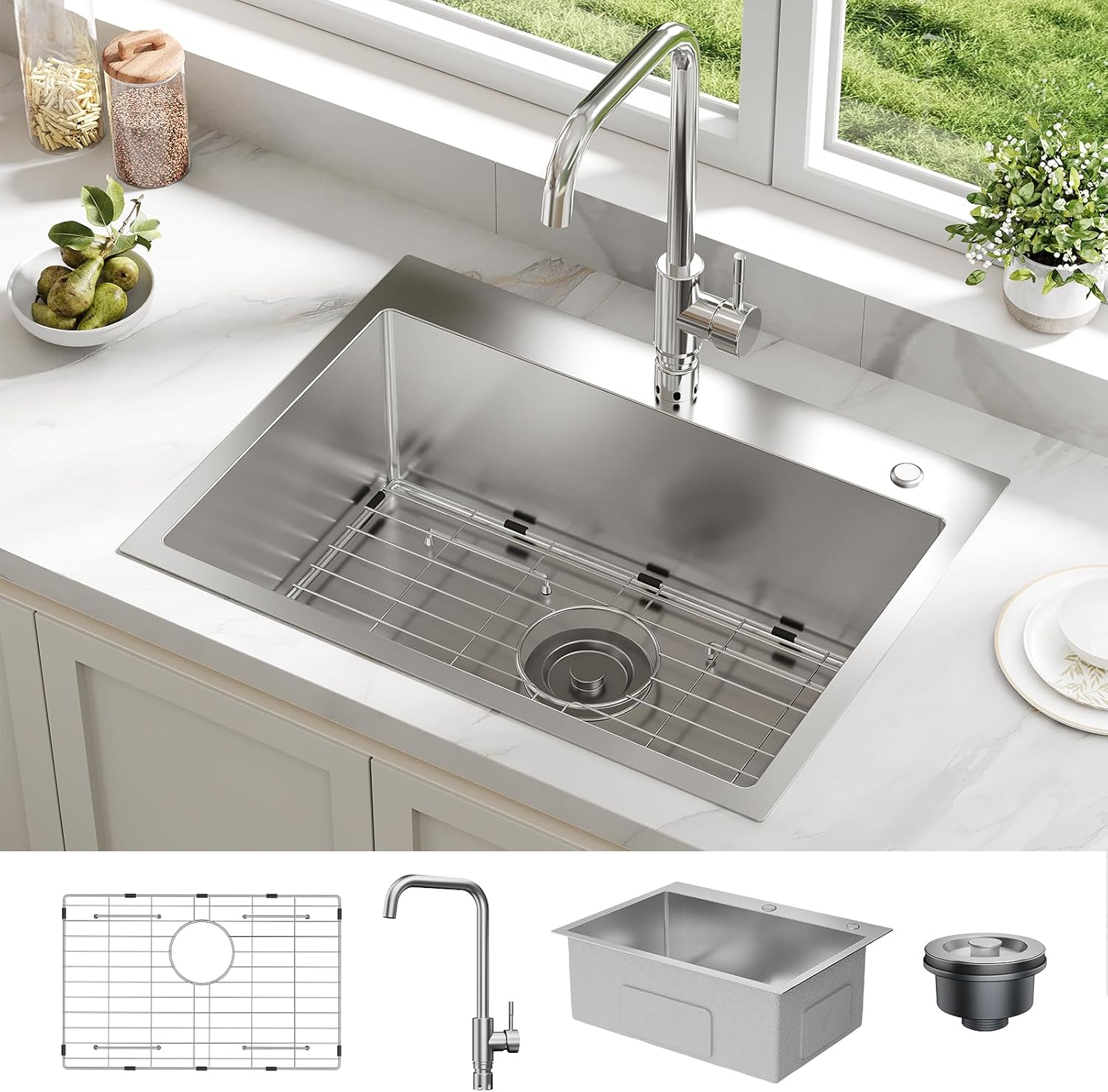 Idealhouse Drop in Kitchen Sink with Standard Faucet 24x18x9 Inch Stainless Steel Single Bowl Workstation Sink with Accessories for Kitchen Silver