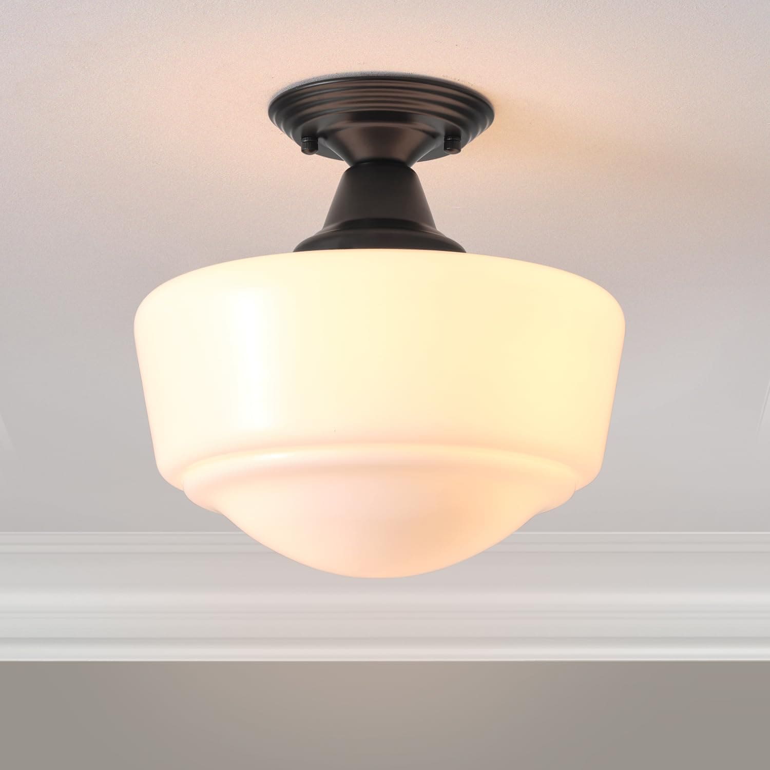AOIZGMY  Schoolhouse Style Semi Flush Mount Ceiling Light 12 Inch Black Finish with Milk Glass Shade for Kitchen Hallway Entryway