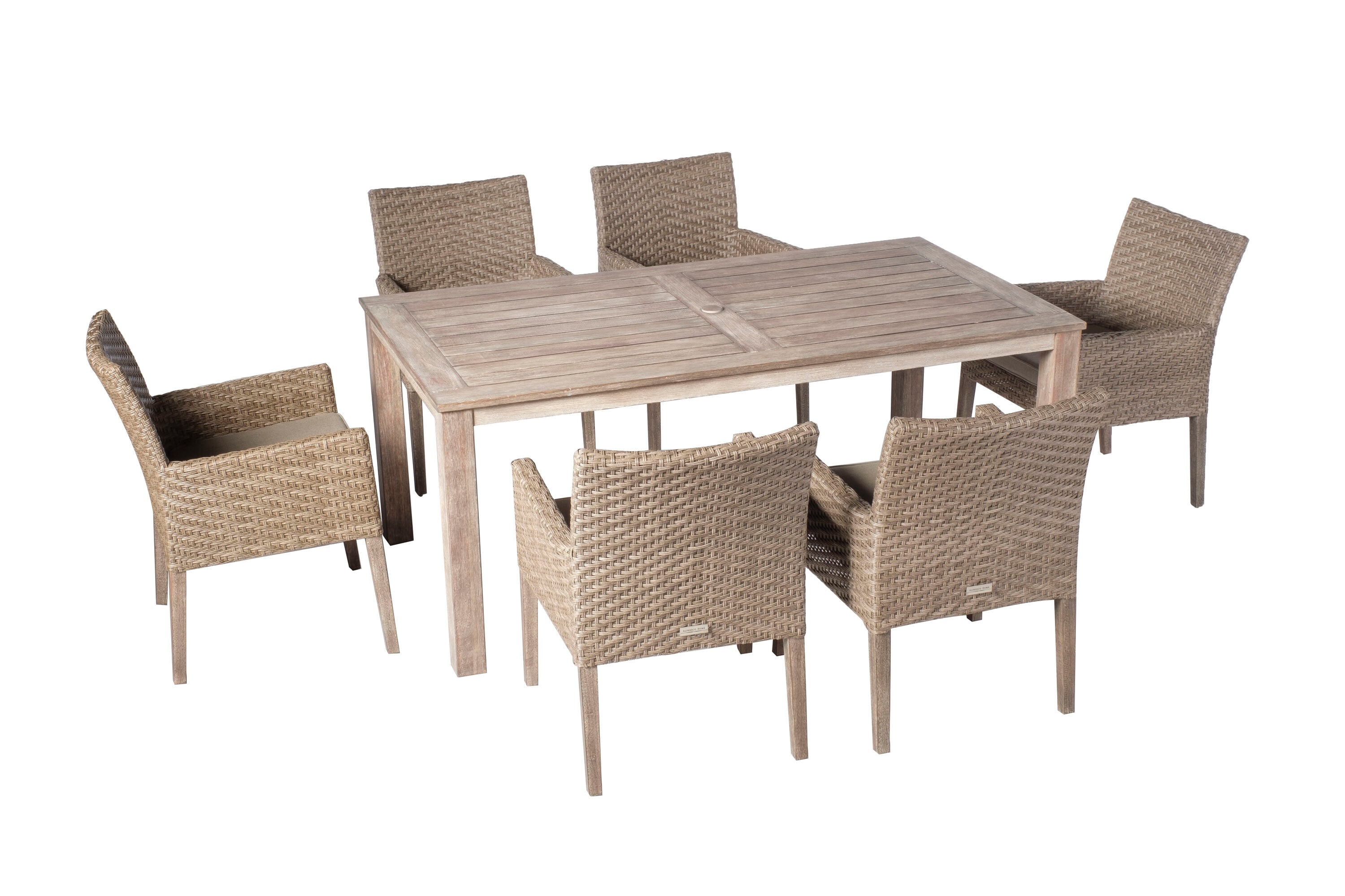 Alfresco Home 46-3002 7 -Piece Brown Wicker Patio Dining Set Wood Rectangle Table with 6 Brown Cushions Stationary Chairs