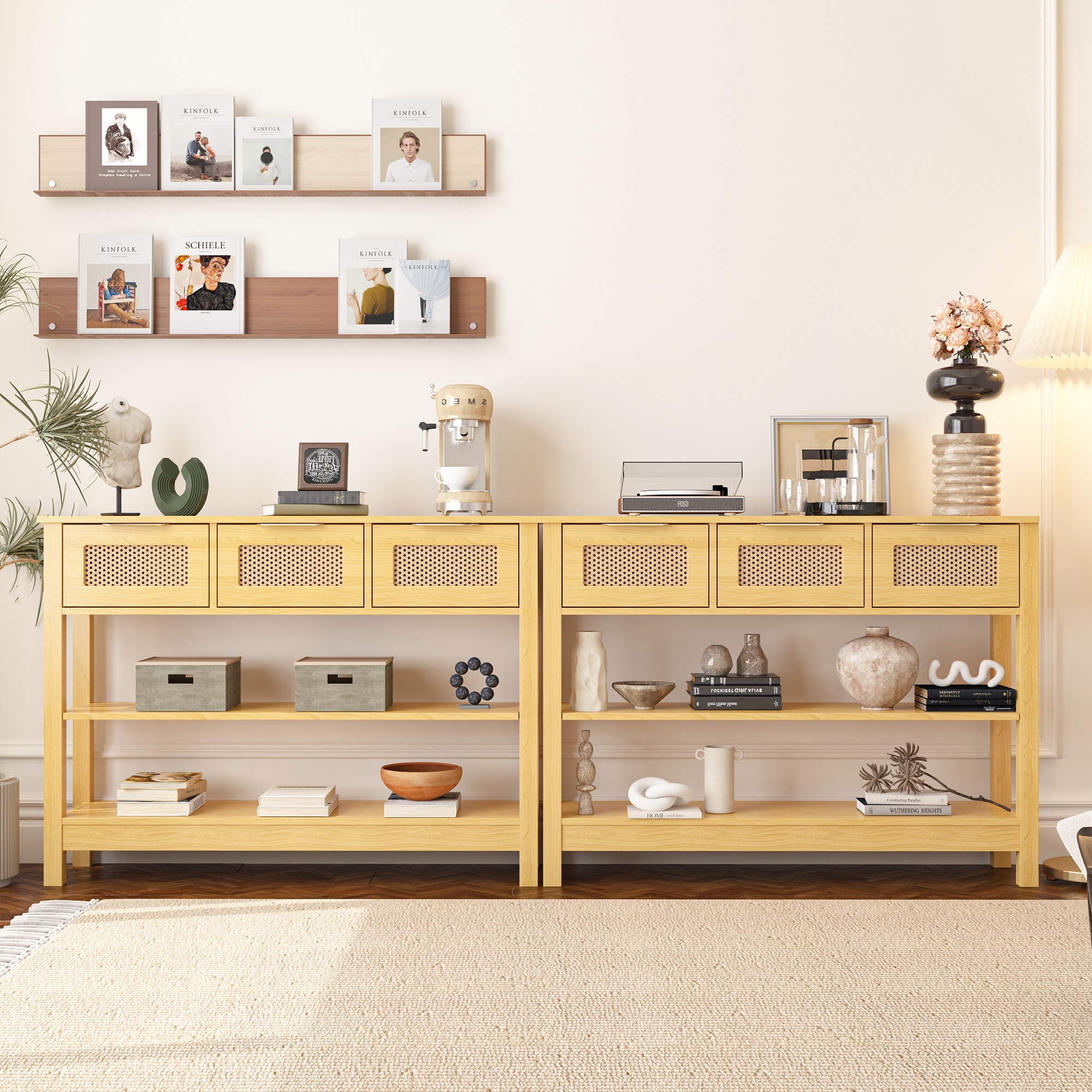 LOVMOR SF-Y-XGZ-N-2PC 2PCS 43.3 in. W Rectangle Wood Console Table with 3 Top Drawers and 2 Open Shelves in Natural