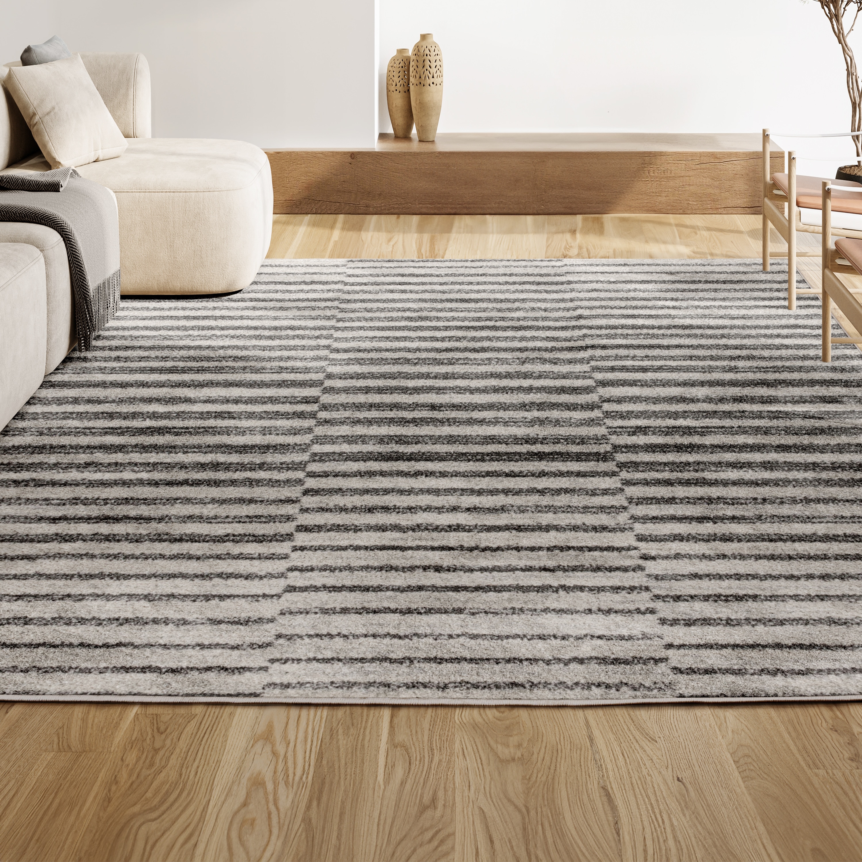Modern Stripe Gray and Ivory Synthetic 3' x 5' Area Rug