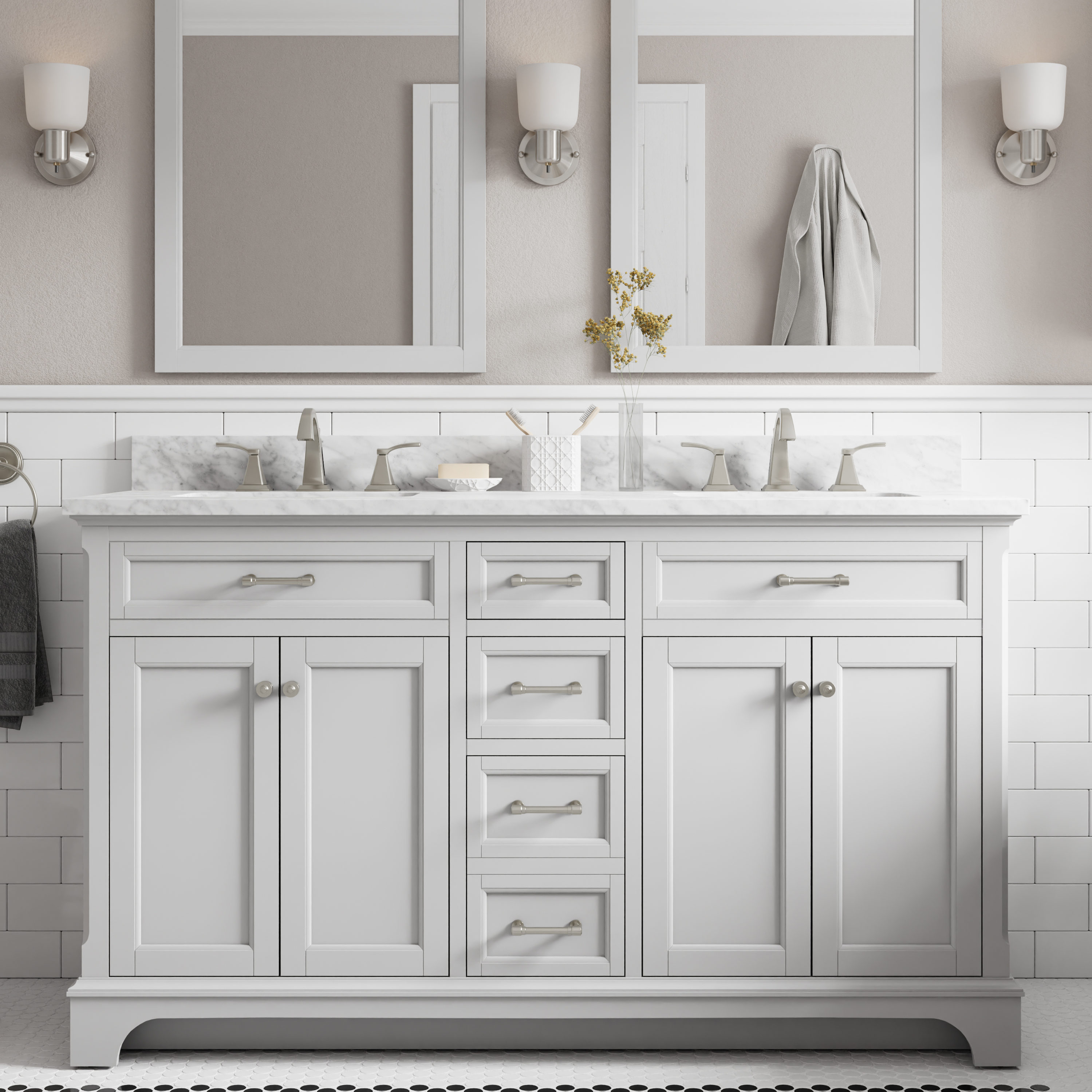 allen + roth Floating 60-in White Undermount Double Sink Floating Bathroom  Vanity with Natural Carrara Marble Top at