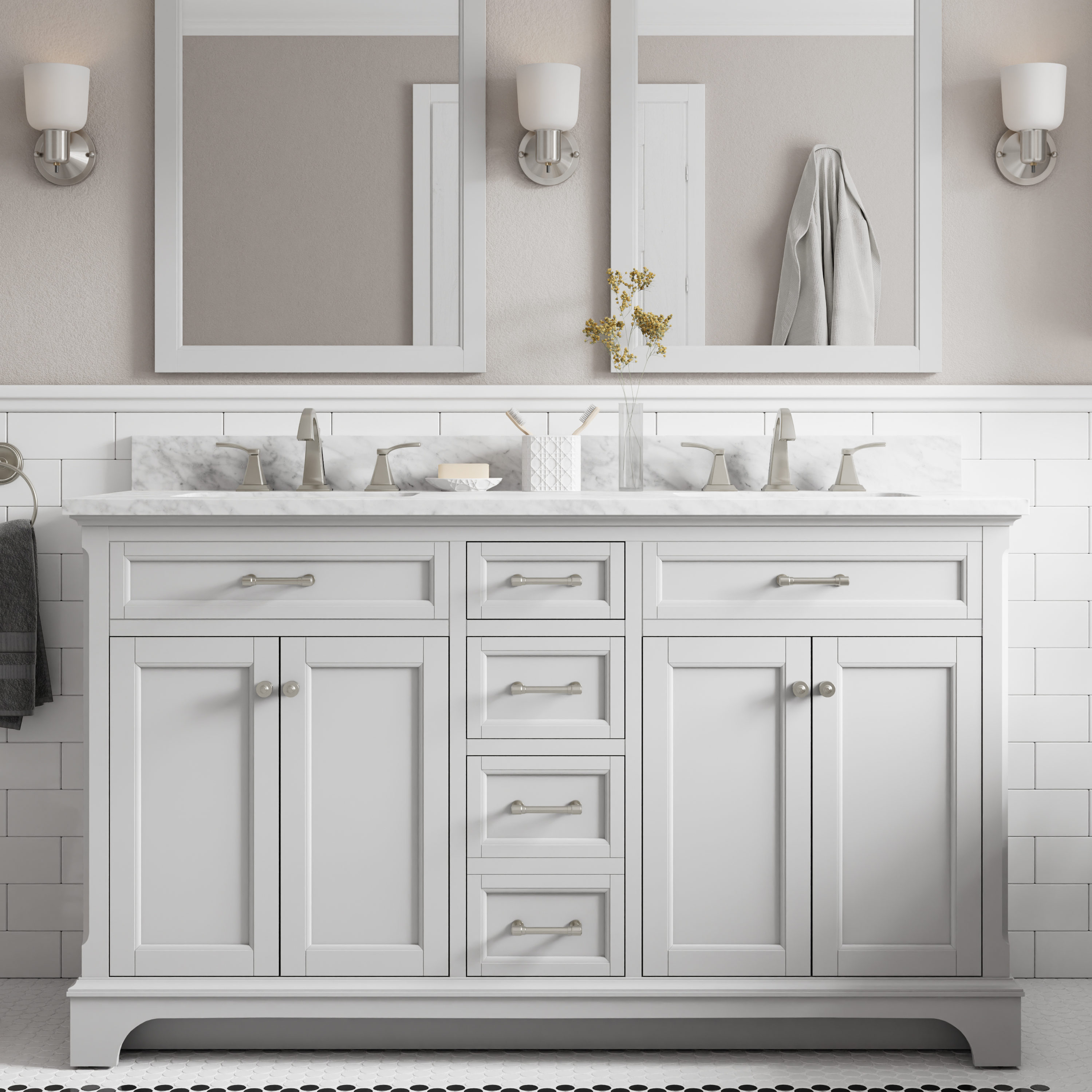 bathroom with light gray vanity