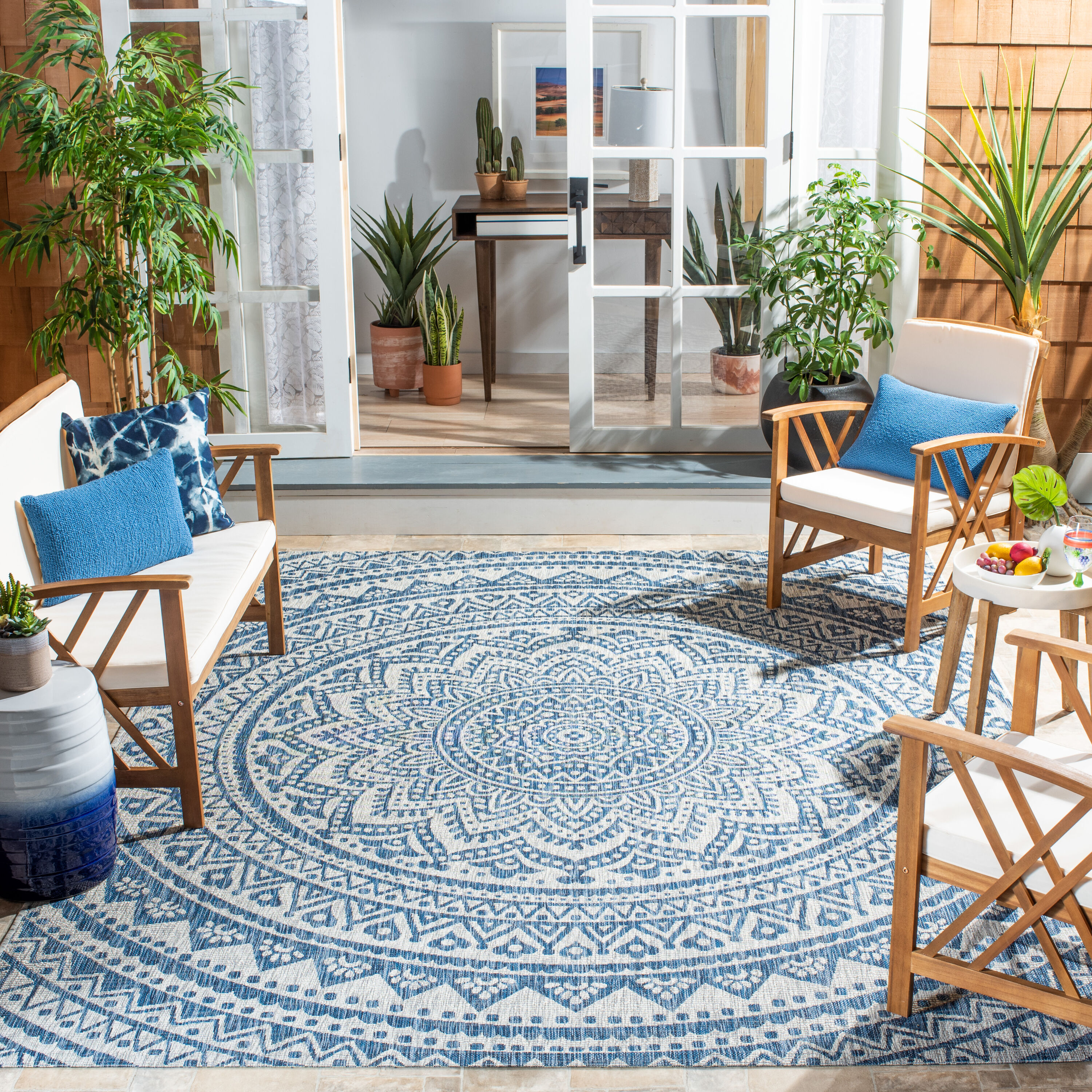 Safavieh CY8734-36812-810 Courtyard 8 x 10 (ft) Loomed Synthetic Light Gray/Blue Rectangular Indoor/Outdoor Medallion Area rug