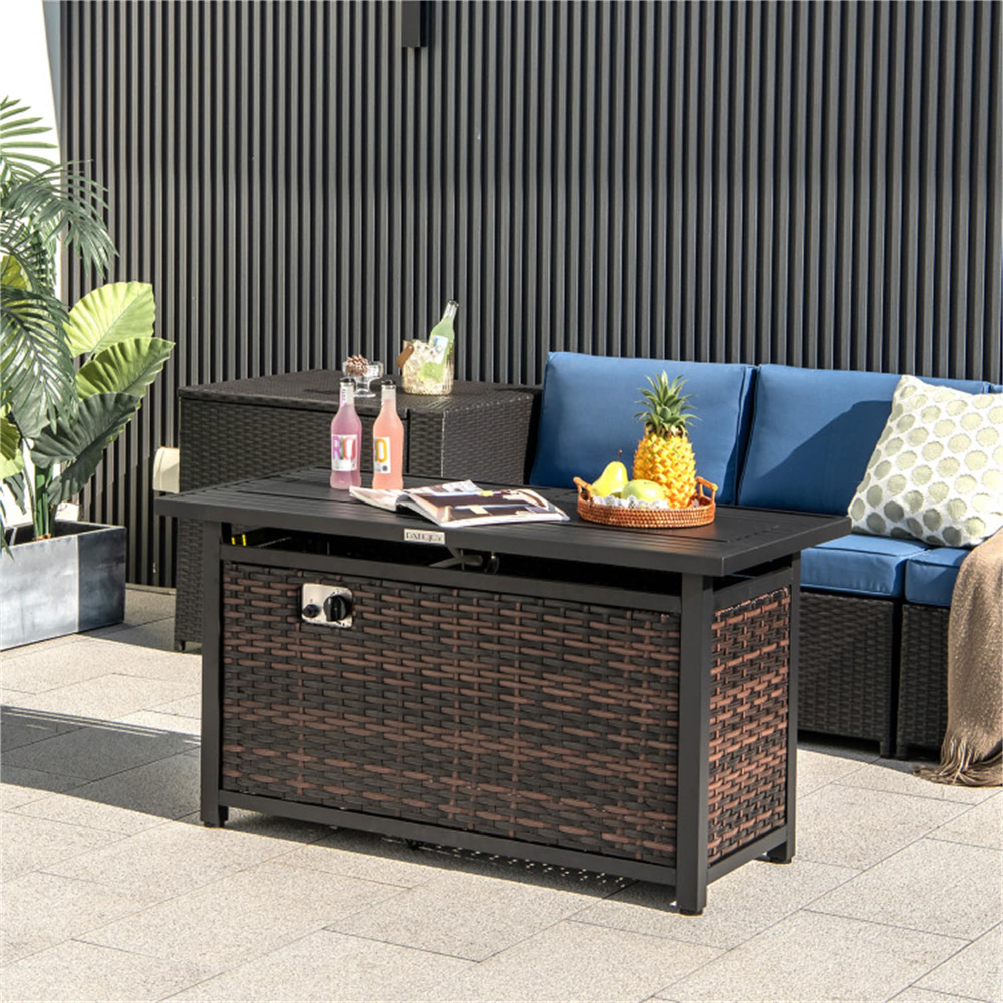 BABOOM BOM-00036-OR Rattan Fire Pit Table 45-in W Mix Brown Stainless steel Rectangle Liquid propane Fire pit table