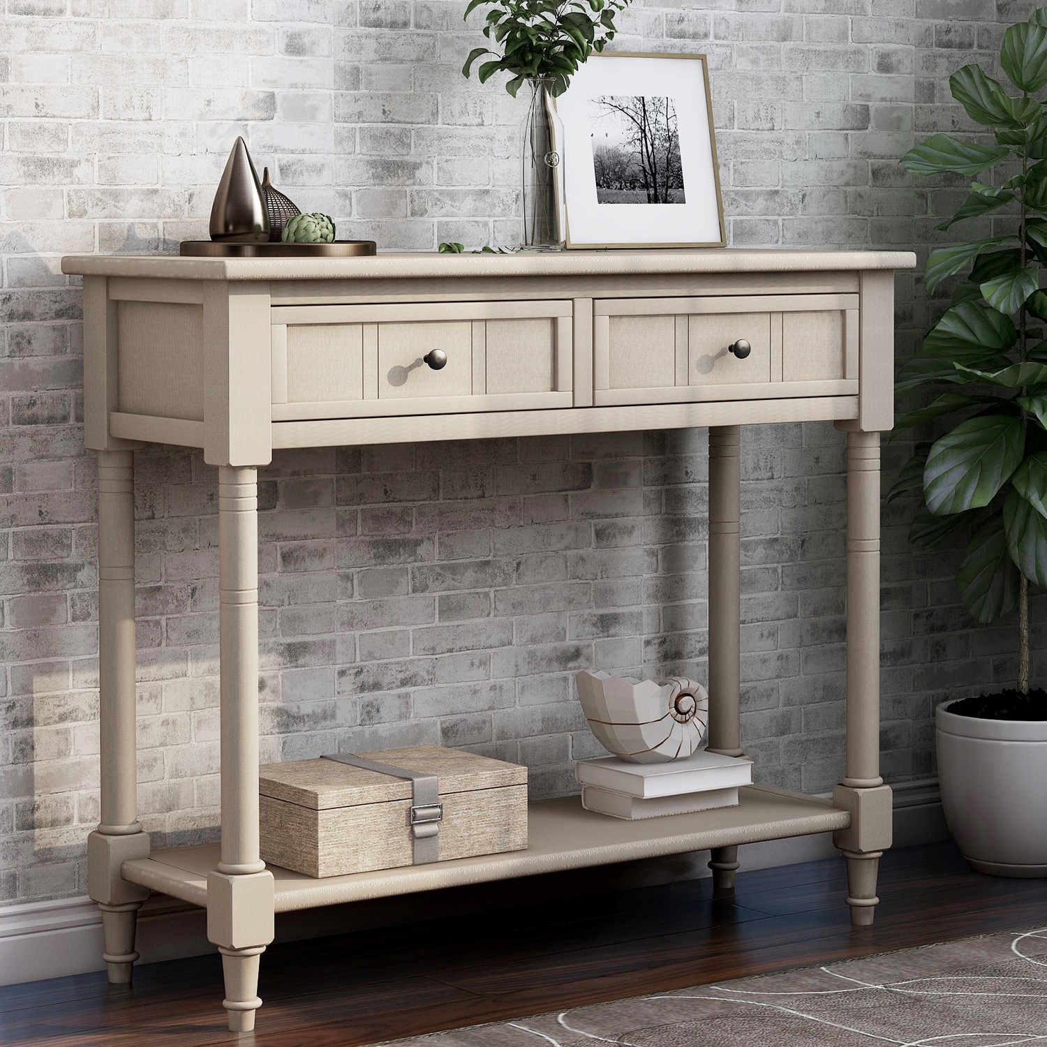 ModernLuxe WF191267AAE Daisy Series Console Table Traditional Design with Two Drawers and Bottom Shelf Retro Grey