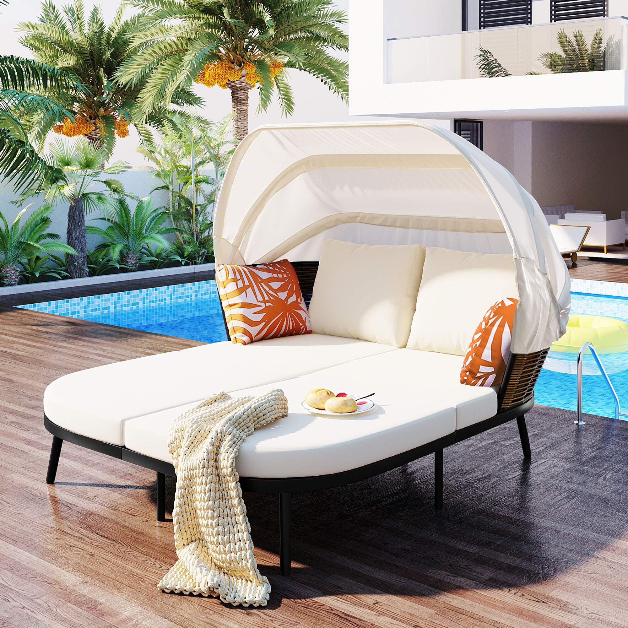 JIMSMAISON BOTMPDB09BEG Wicker Outdoor Daybed with Beige Cushions and Iron Frame