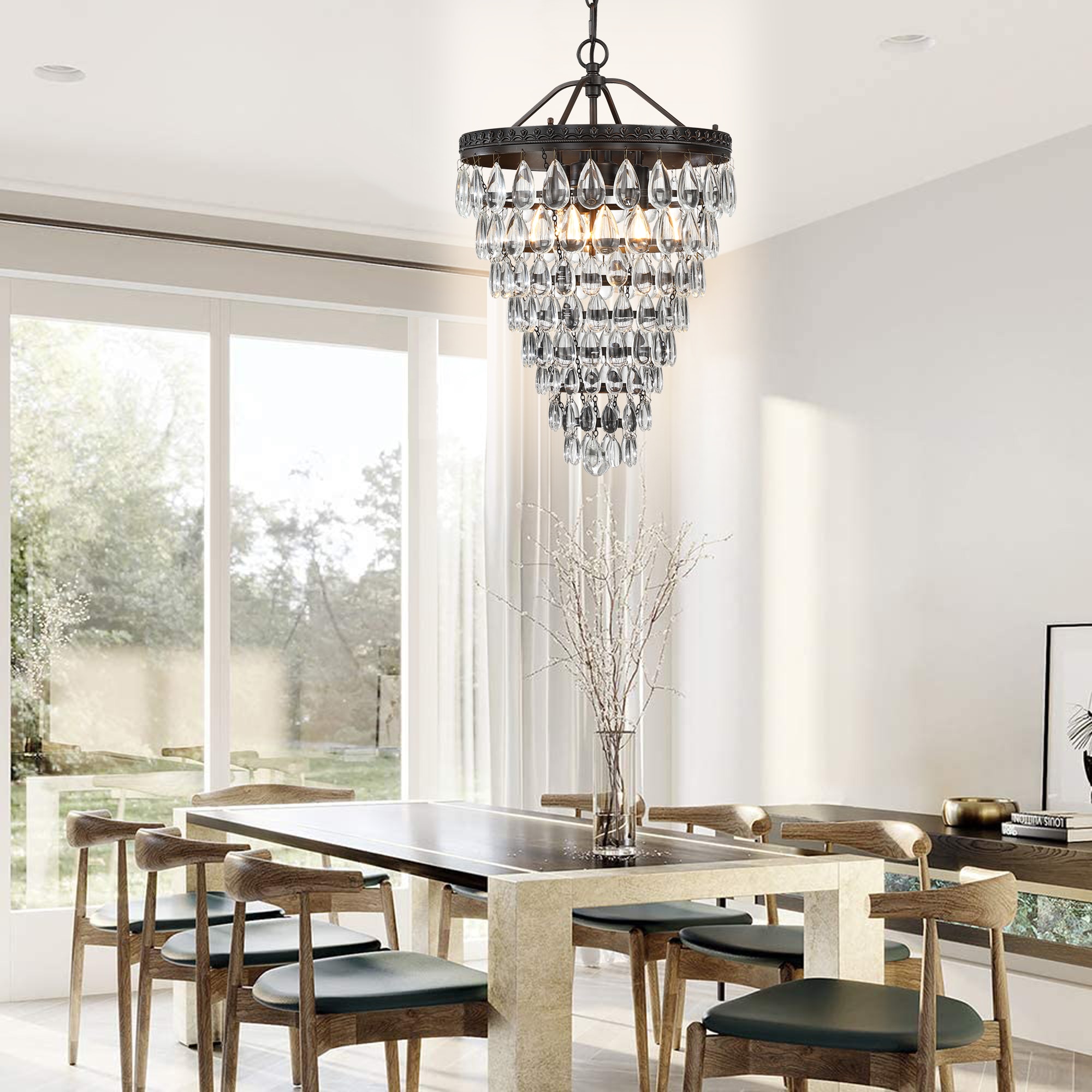 Black Crystal Tiered Pendant Chandelier with Glass Accents