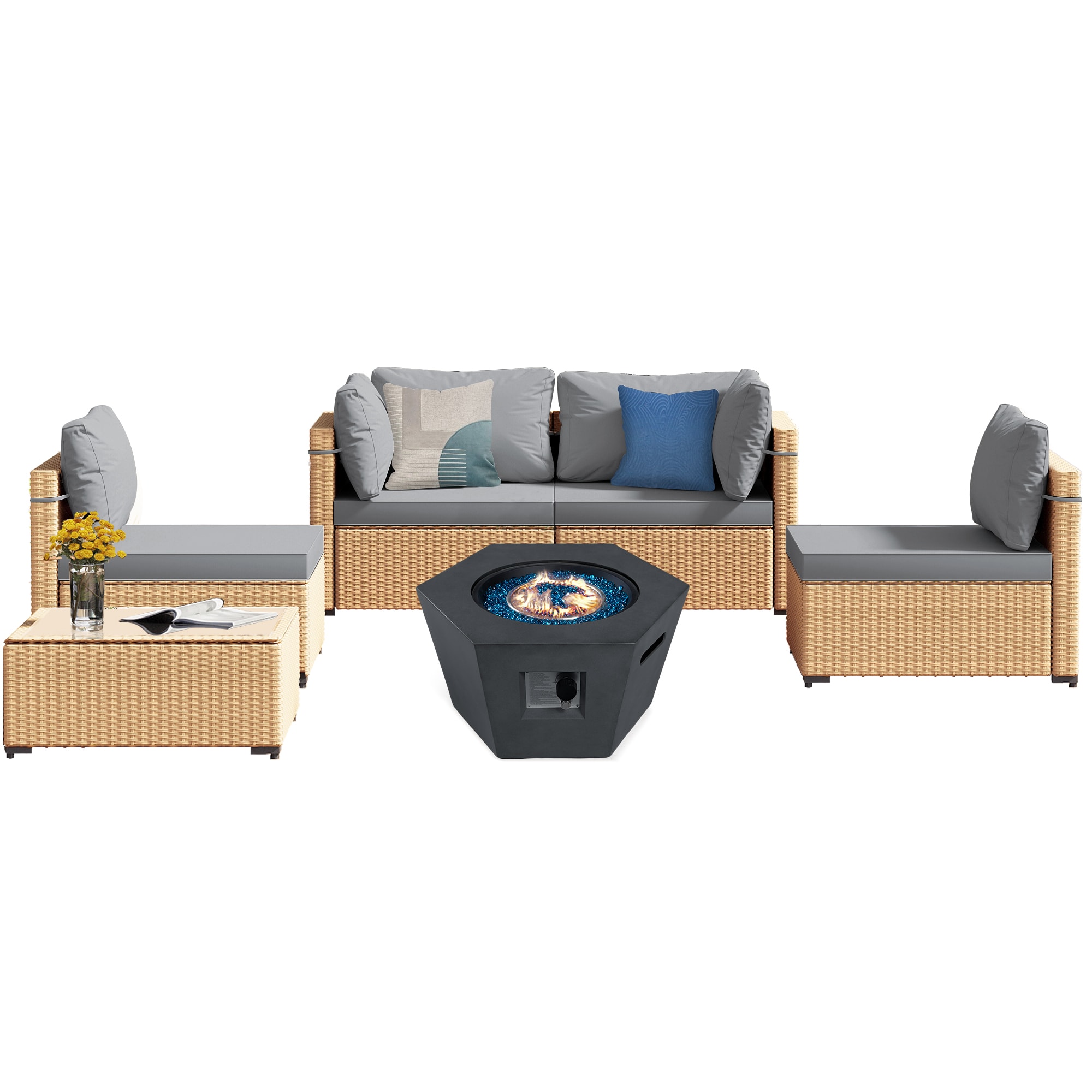 UPHA TBBE-AB28MDK-LGARY 6 -Piece Wicker Patio Conversation Set with Gray Cushions