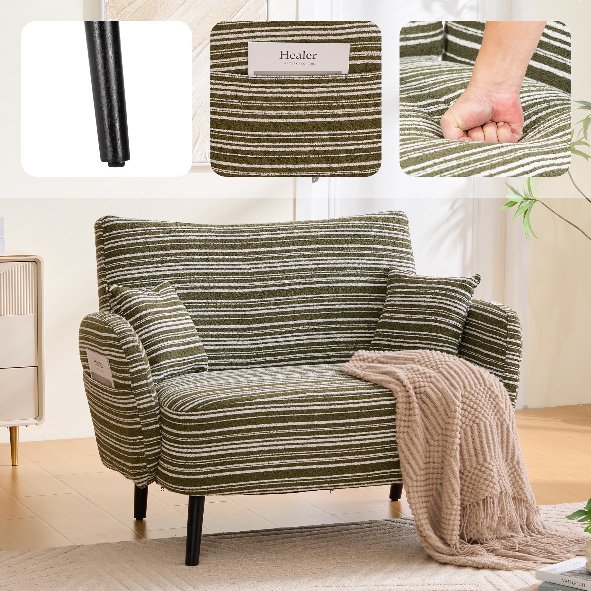 LOVMOR Modern style two seater sofa with ultra comfortable armrests armrest pillows and storage pockets deep seated two seater sofa comfortable modern sofa for bedroom small spaces apartments