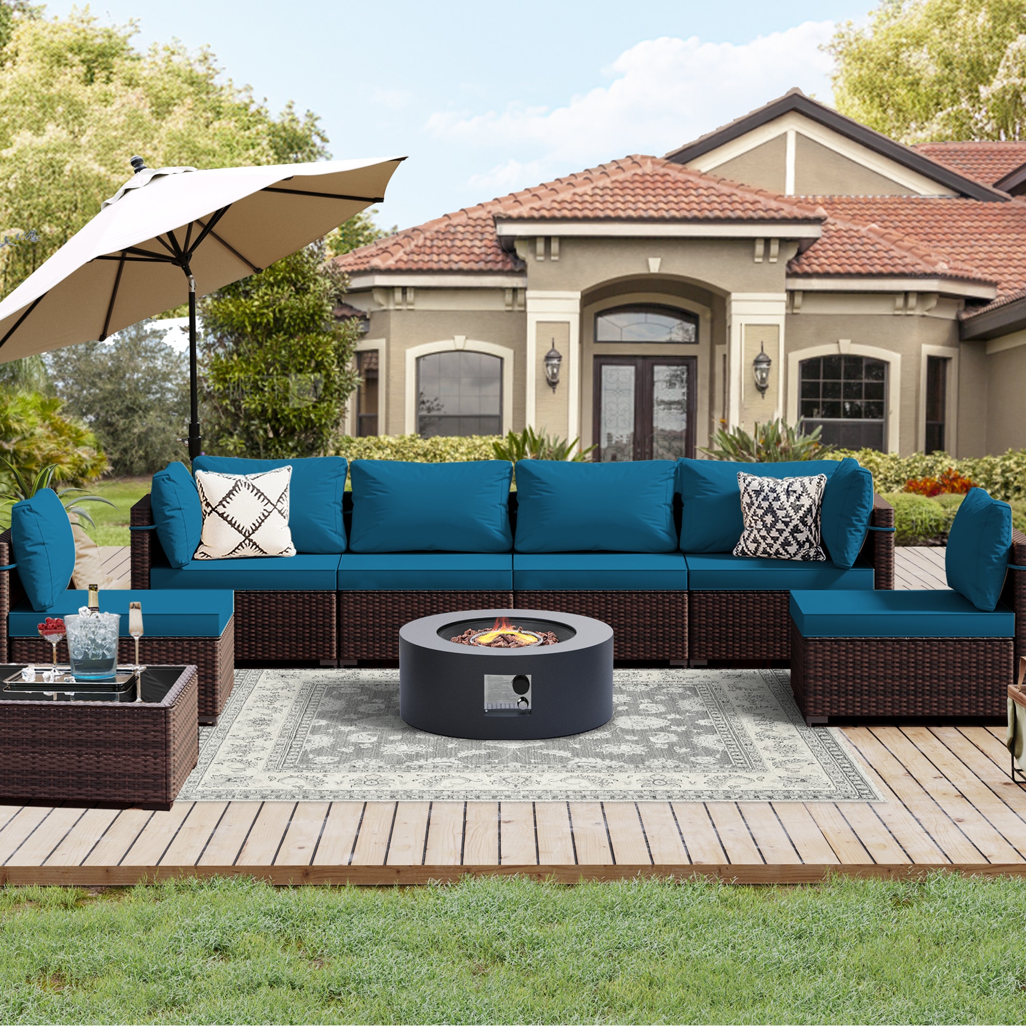 UPHA PL-2CZ-28DK-Z3 Brown Wicker Patio Furniture Set 8 -Piece Wicker 4 Patio Sofa Conversation Set with Blue Cushions