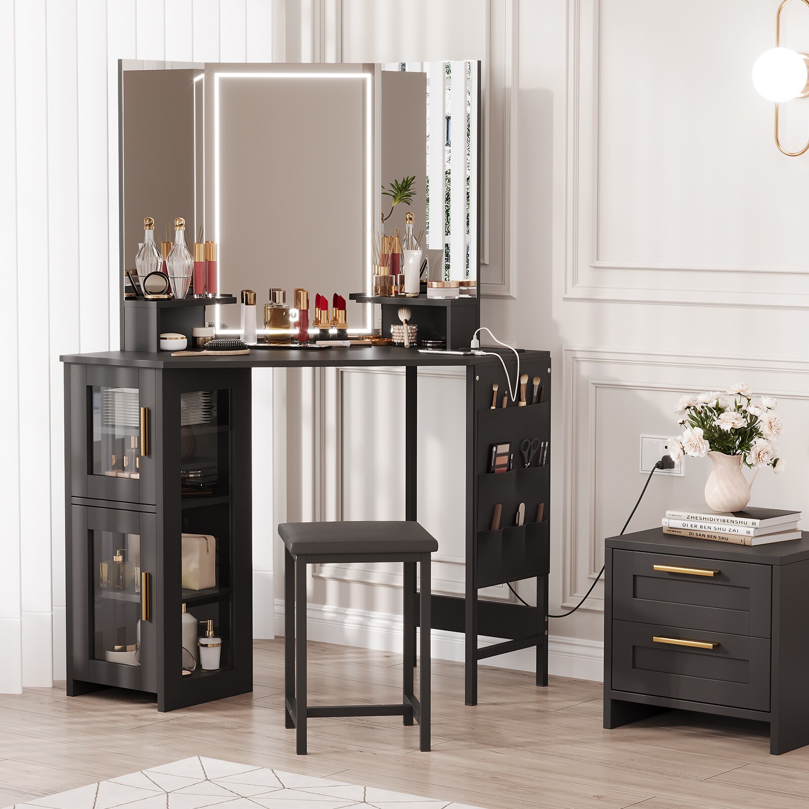 grey corner dressing table IdealHouse Vanity Desk with LED Lighted Mirror Charging Station and Storage Cabinet with Stool in the Makeup Vanities department at corner makeup vanity