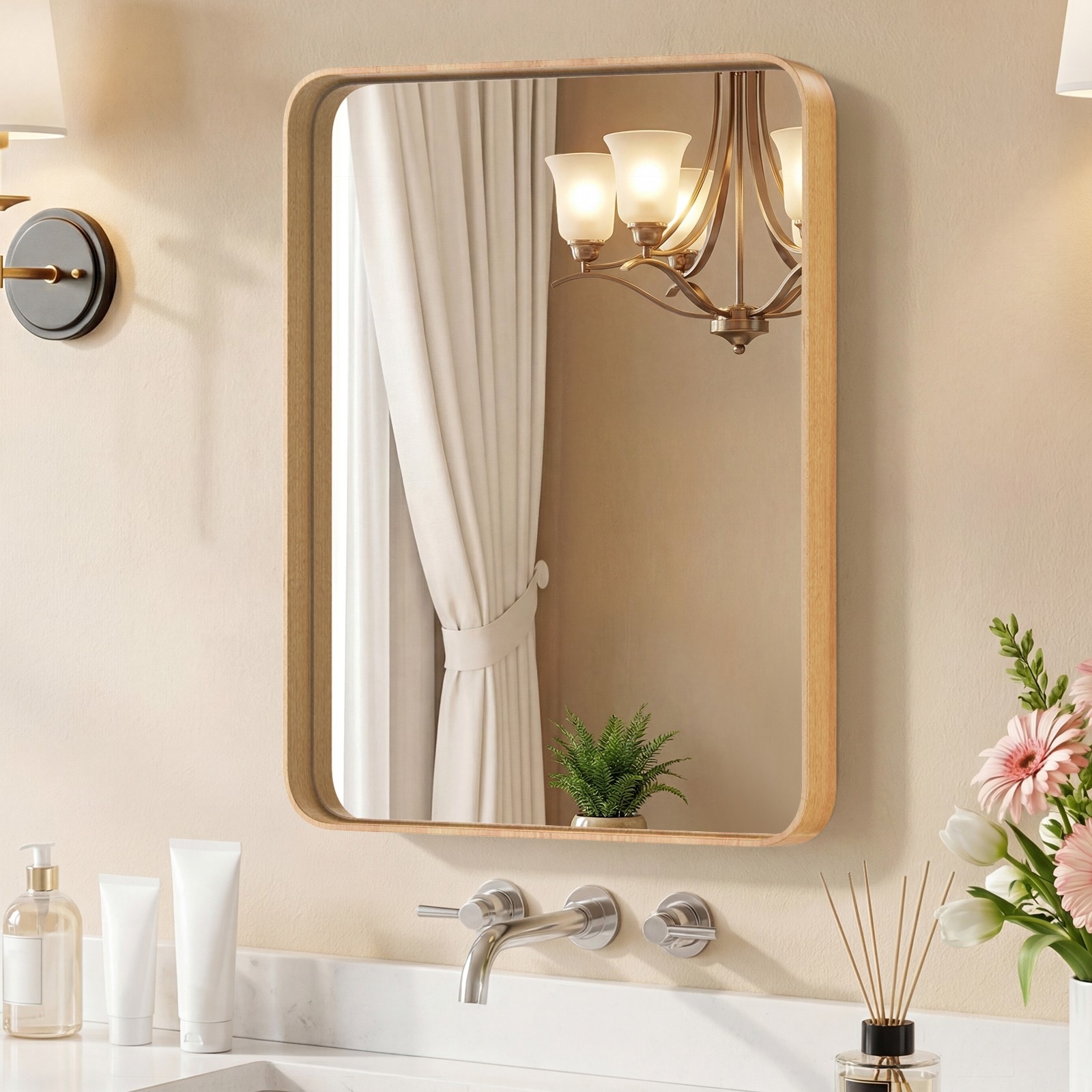 GlasFlength  22x30 Inch Wood Grain Colored Metal Frame Bathroom Mirror Rounded Rectangle Anti Rust Wall Mirror Hangs Horizontally or Vertically for Bathroom Vanity Washroom