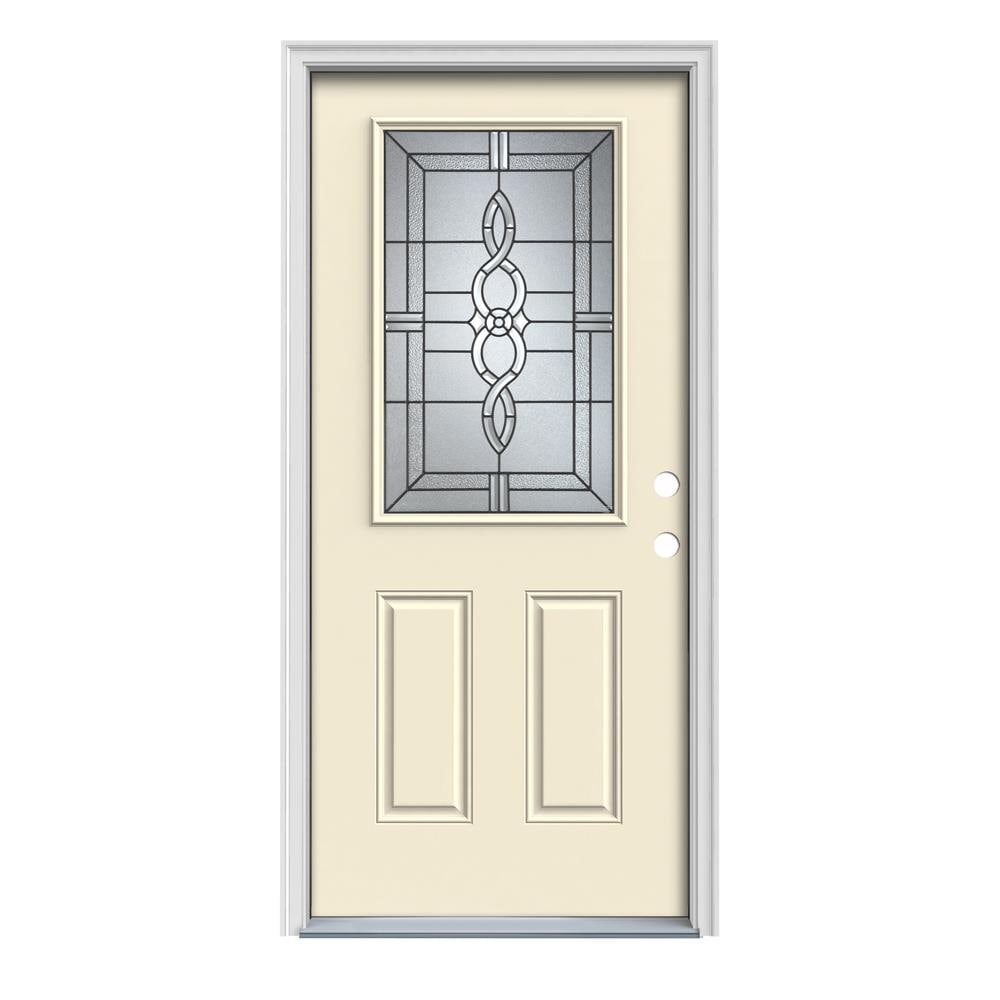 JELD-WEN LOWOLJW167000483 Calista 32-in x 80-in x 4-9/16-in Steel Half Lite Right-Hand Outswing Bisque Painted Prehung Front Door with Brickmould Insulating Core