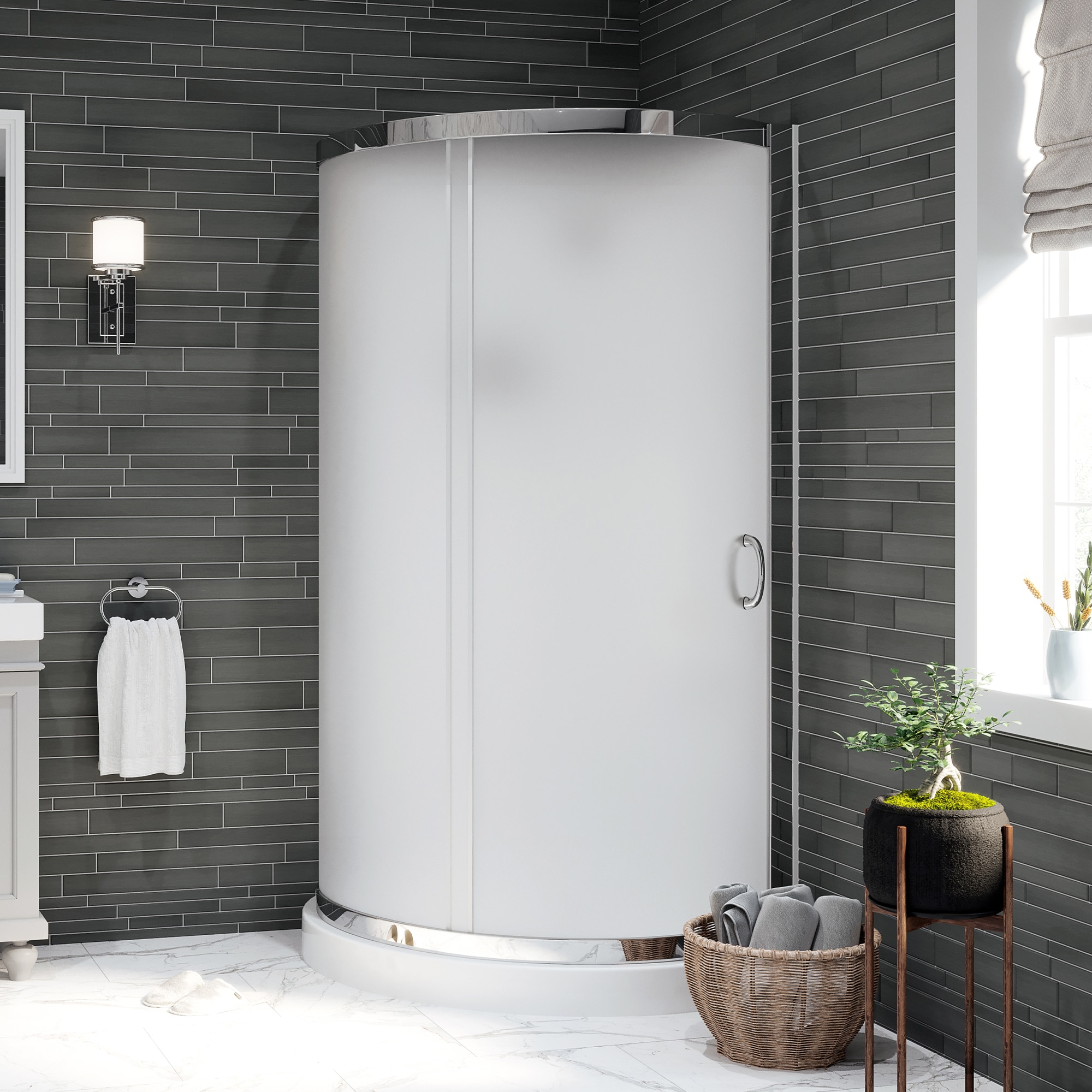 OVE Decors 15SKA-B1436P-001AC Breeze Paris 3 -Piece 36-in W x 36-in L x 77-in H Round Corner shower kit ( Corner Drain) Base, Wall, Door Chrome Hardware Included