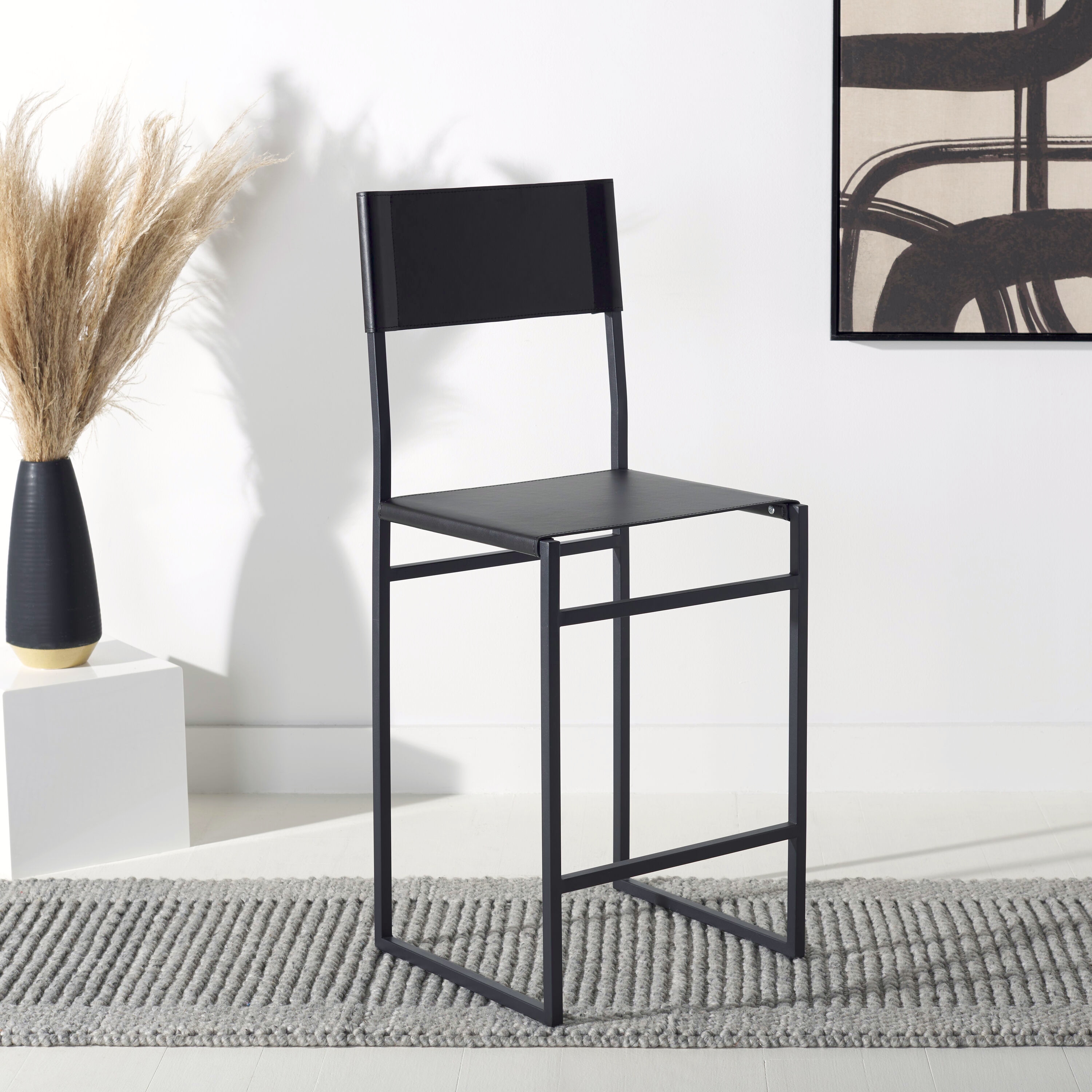 Layne Black Leather and Metal Minimalist Counter Stool