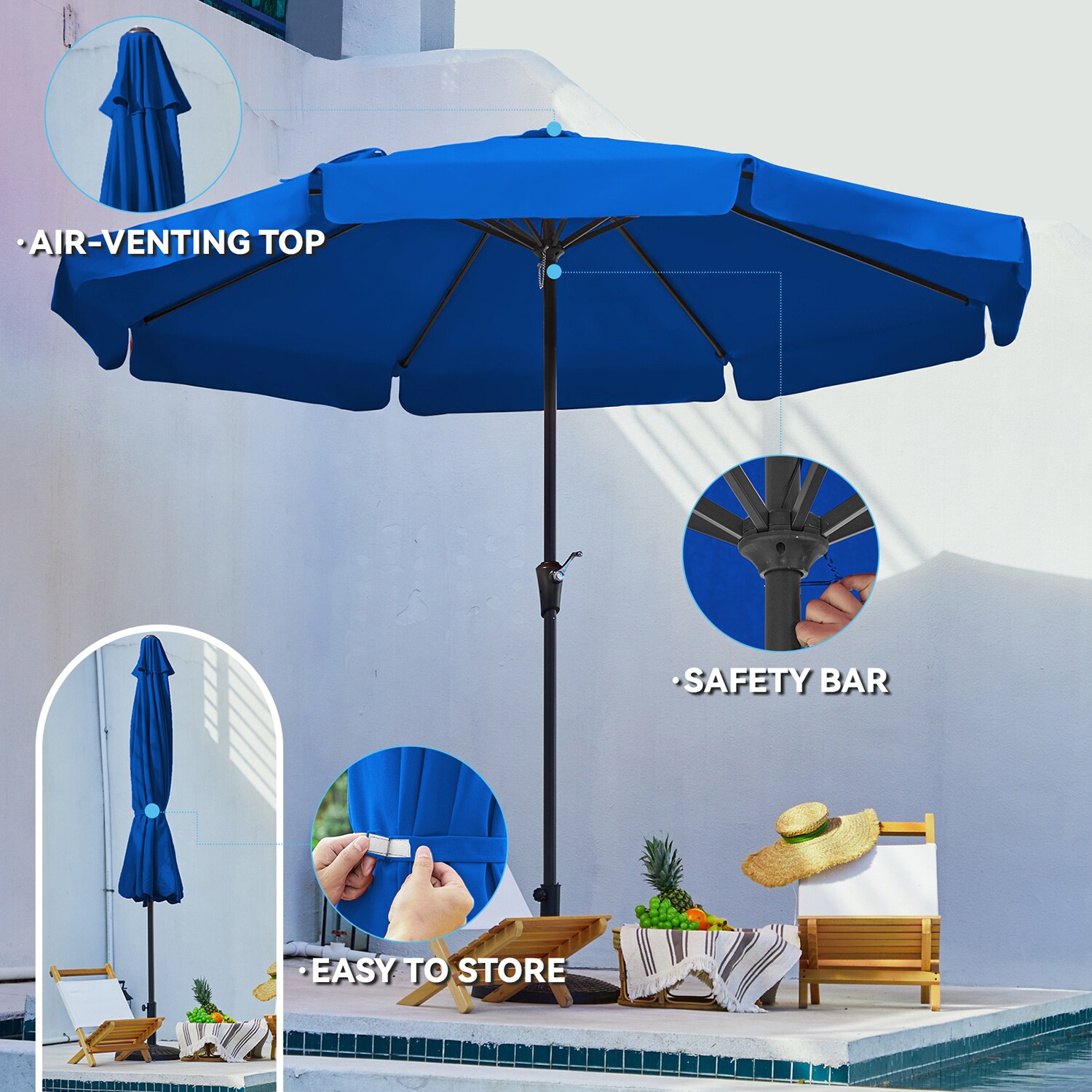 JEAREY 11-ft Steel Blue Push-button Tilt Market Patio Umbrella In The ...