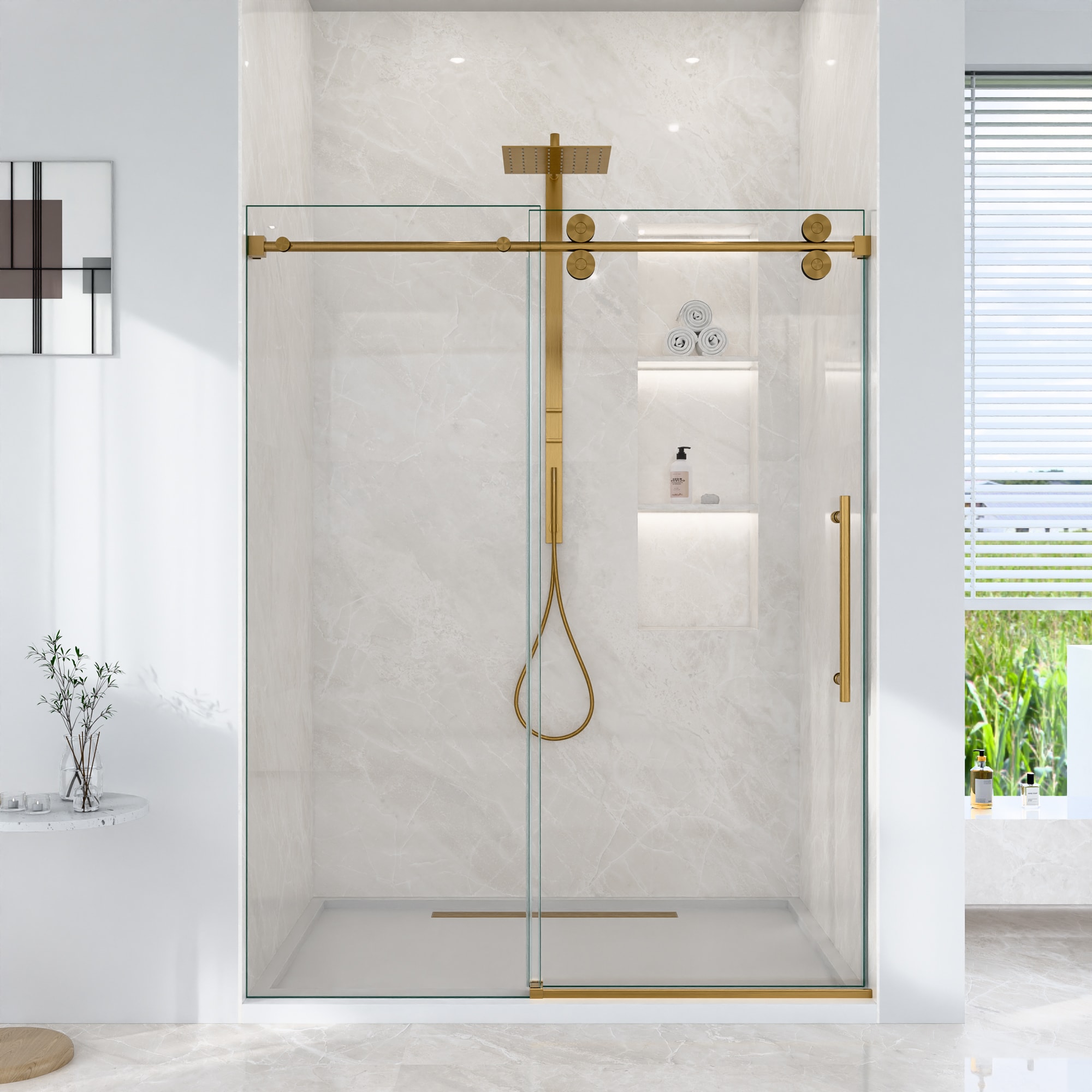 FAVSH  56-60 in W x 72 in H Frameless Single Sliding Shower Door - 5/16 in (8mm) Clear Tempered Glass Bypass Design Brushed Gold