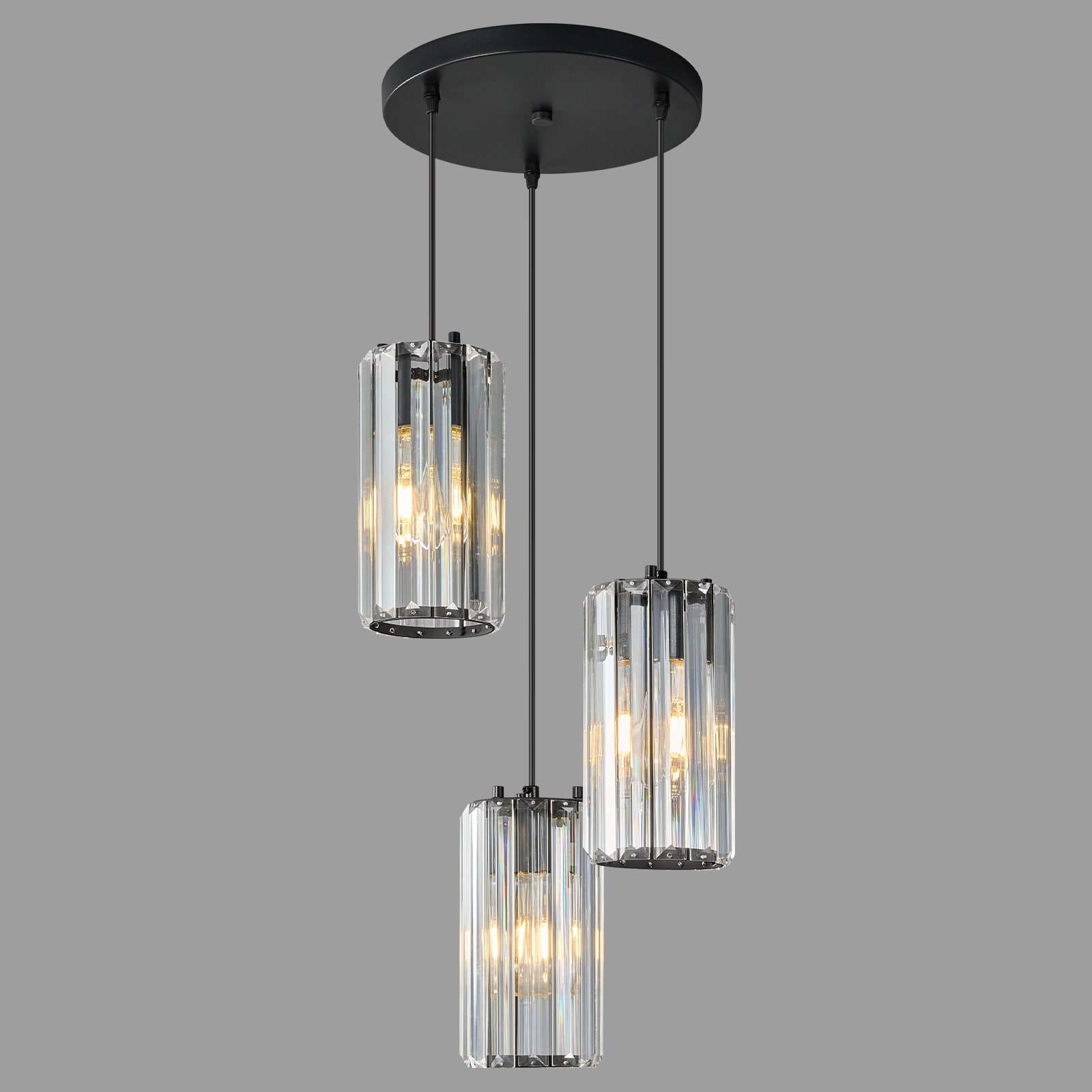 ZHLLMQ Modern 11.02 in 3-Light Black Series Vertical Crystal Cylinder Non LED Hardwired Pendant Light Fixture for Kitchen Decor