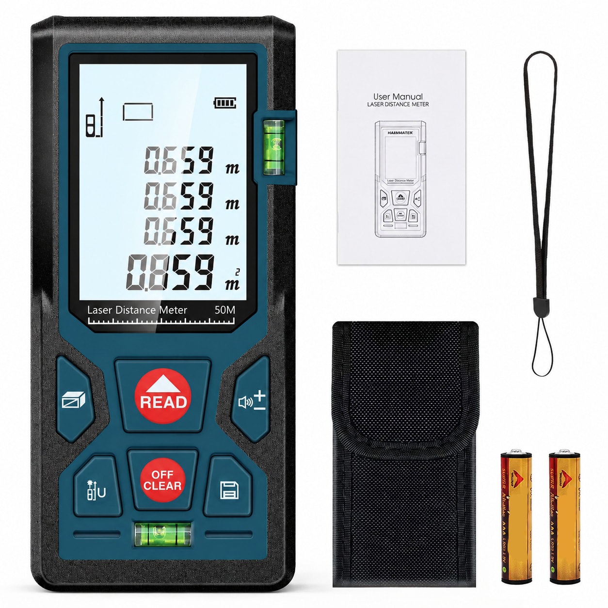 KHKFY  165ft 50m Laser Measure Ft in M Switching LM50 Laser Measurement Tool Devices with 2 Bubble Levels Distance Meter Large Backlit LCD