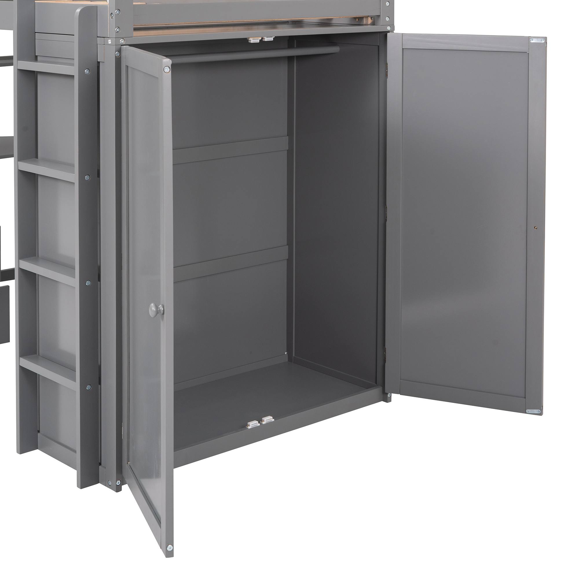 Yiekholo Gray Twin Study Loft Bed with Desk, Shelves, and Wardrobe