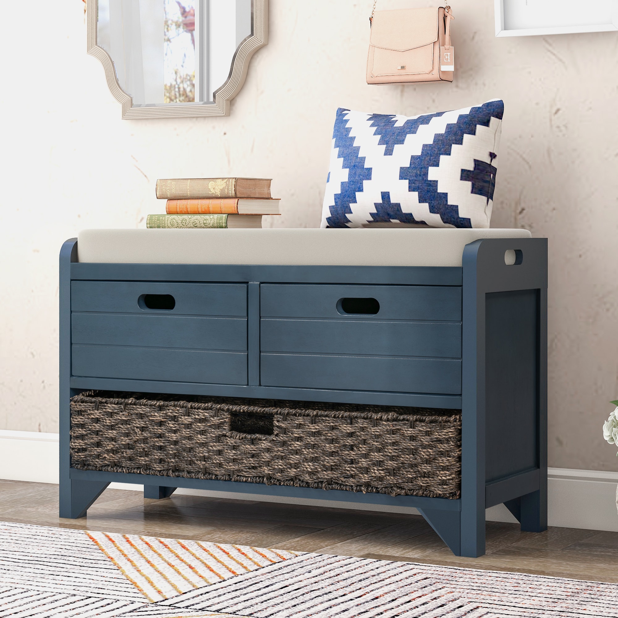ModernLuxe WF199578AAM Storage Bench with Removable Basket and 2 Drawers Fully Assembled Shoe Bench with Removable Cushion Navy