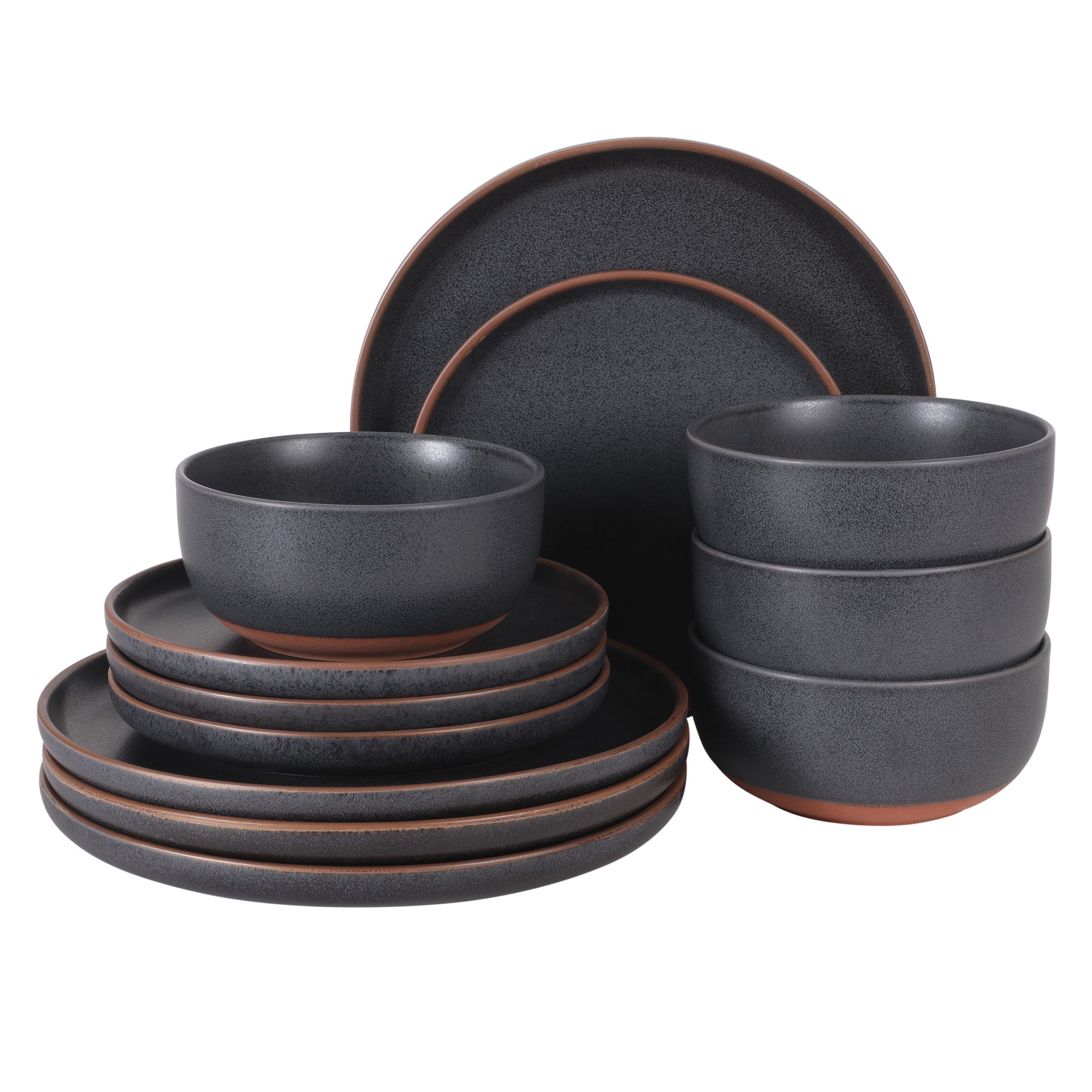 Gibson Elite  Abbey Circle 12 Piece Service for 4 Plates and Bowls Reactive Matte Glaze Dishes Stoneware Ceramic Dinnerware Set Navy Blue