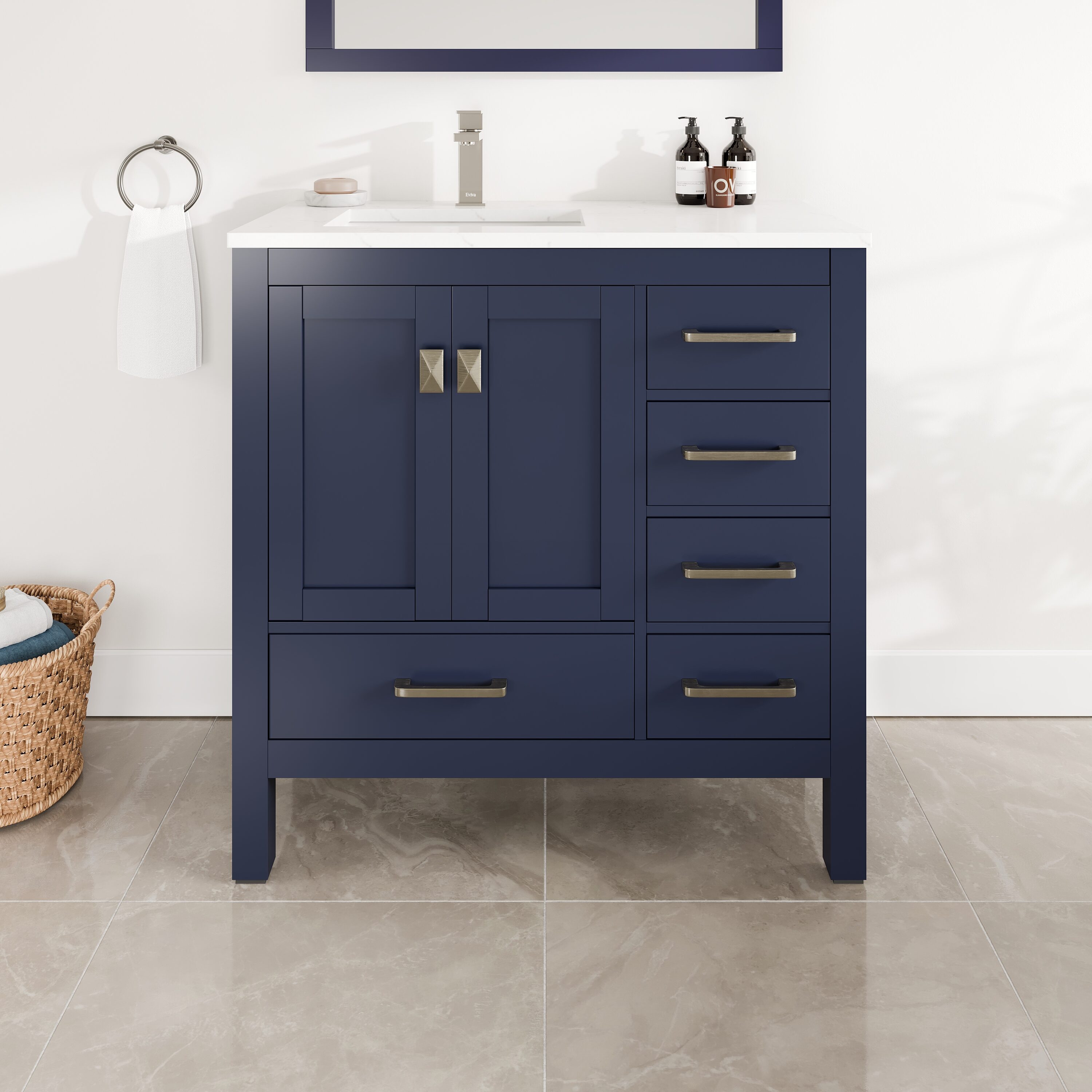 Eviva TVN414-36X18BLU-Q London 36-in Blue Undermount Single Sink Bathroom Vanity with White Quartz Top