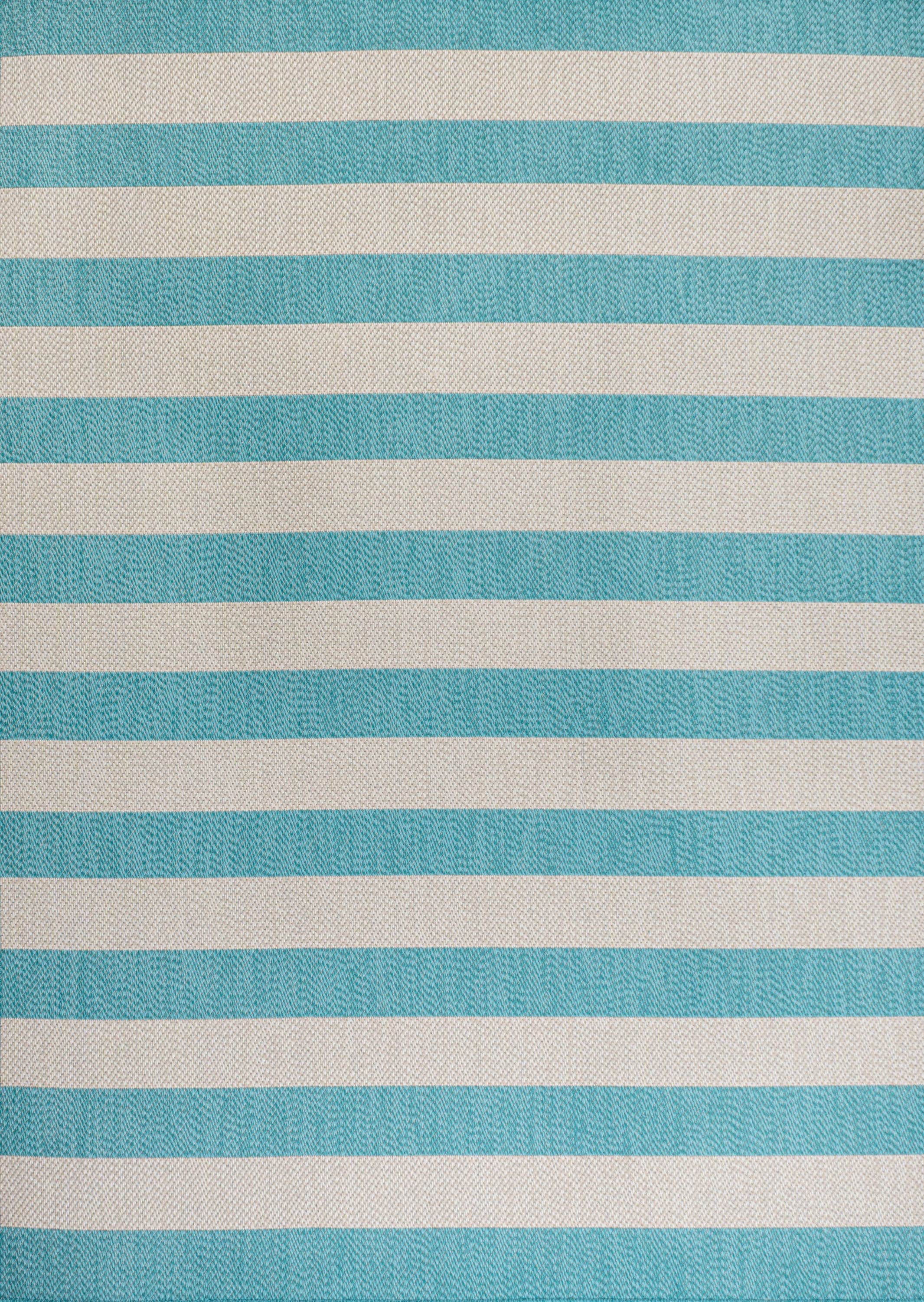 Aqua and Cream Striped Synthetic 4' x 6' Rug