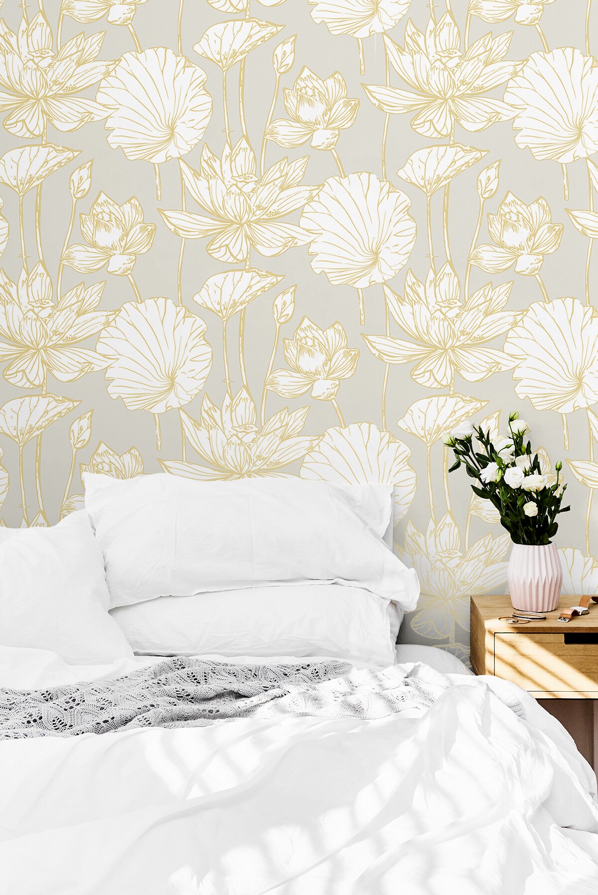 Metallic Gold and Gray Lotus Floral Peel and Stick Wallpaper