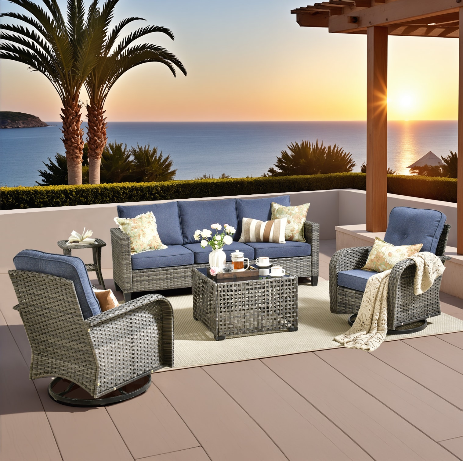 Pouuin SYZGNC305 5 -Piece Wicker Patio Sofa Conversation Set with Blue Cushions