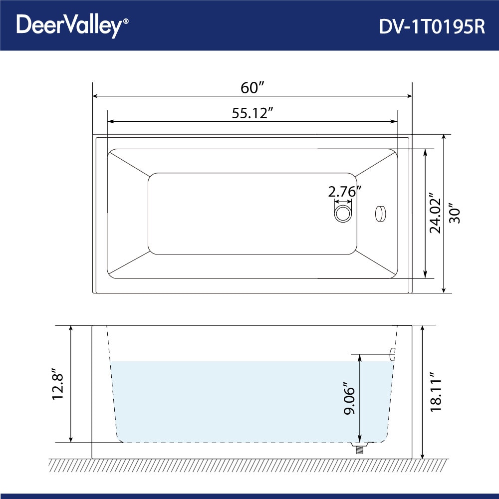 60" White Acrylic Rectangular Alcove Soaking Bathtub with Chrome Drain