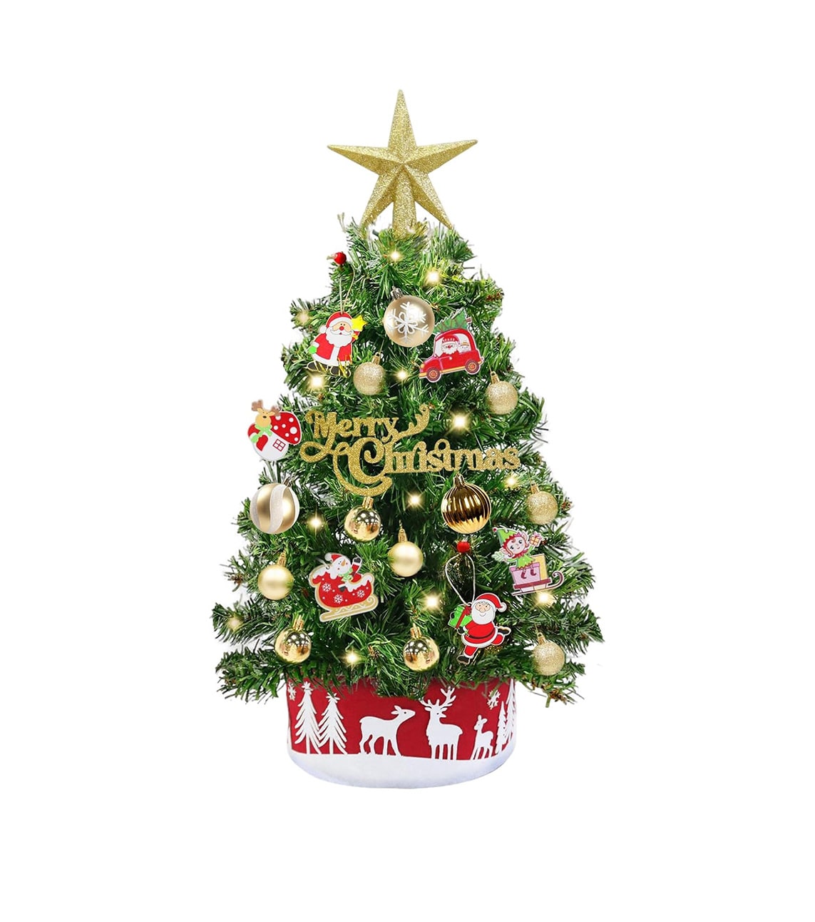 Etokfoks -  24 inch 2FT mini artificial Christmas tree with 30 LED lights timer and 34 ornaments ...