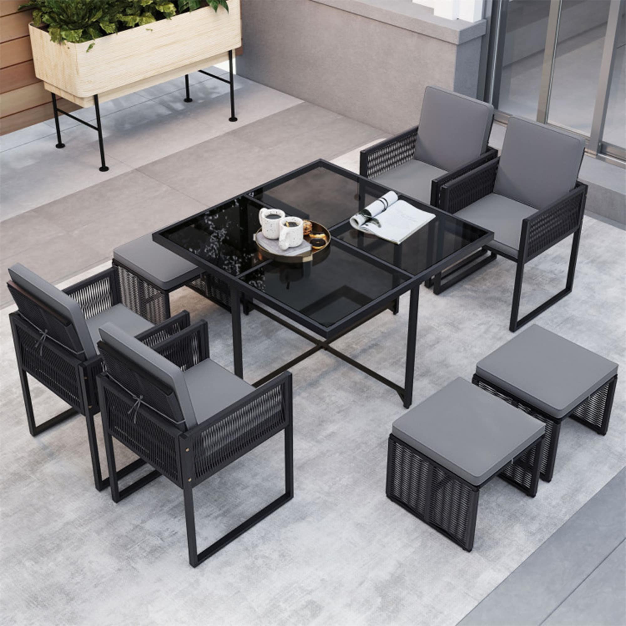 BABOOM BOM-0025AAE-OR Outdoor Furniture Set 9 -Piece Black Rattan Patio Dining Set Iron Square Table with 4 Gray Cushions Stationary Chairs
