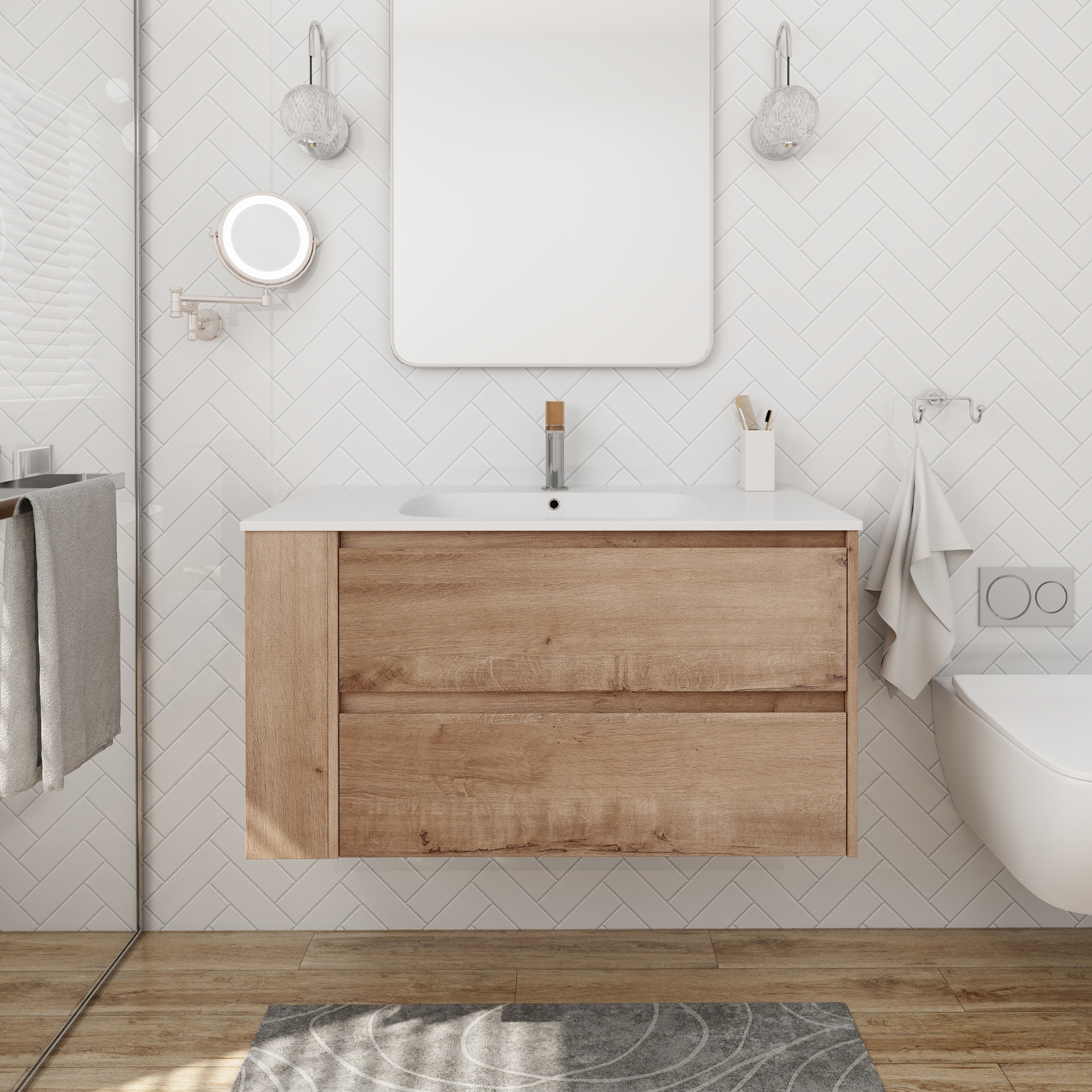 Forclover QNM-0936-CAW 36-in Imitative Oak Single Sink Floating Bathroom Vanity with White Ceramic Top