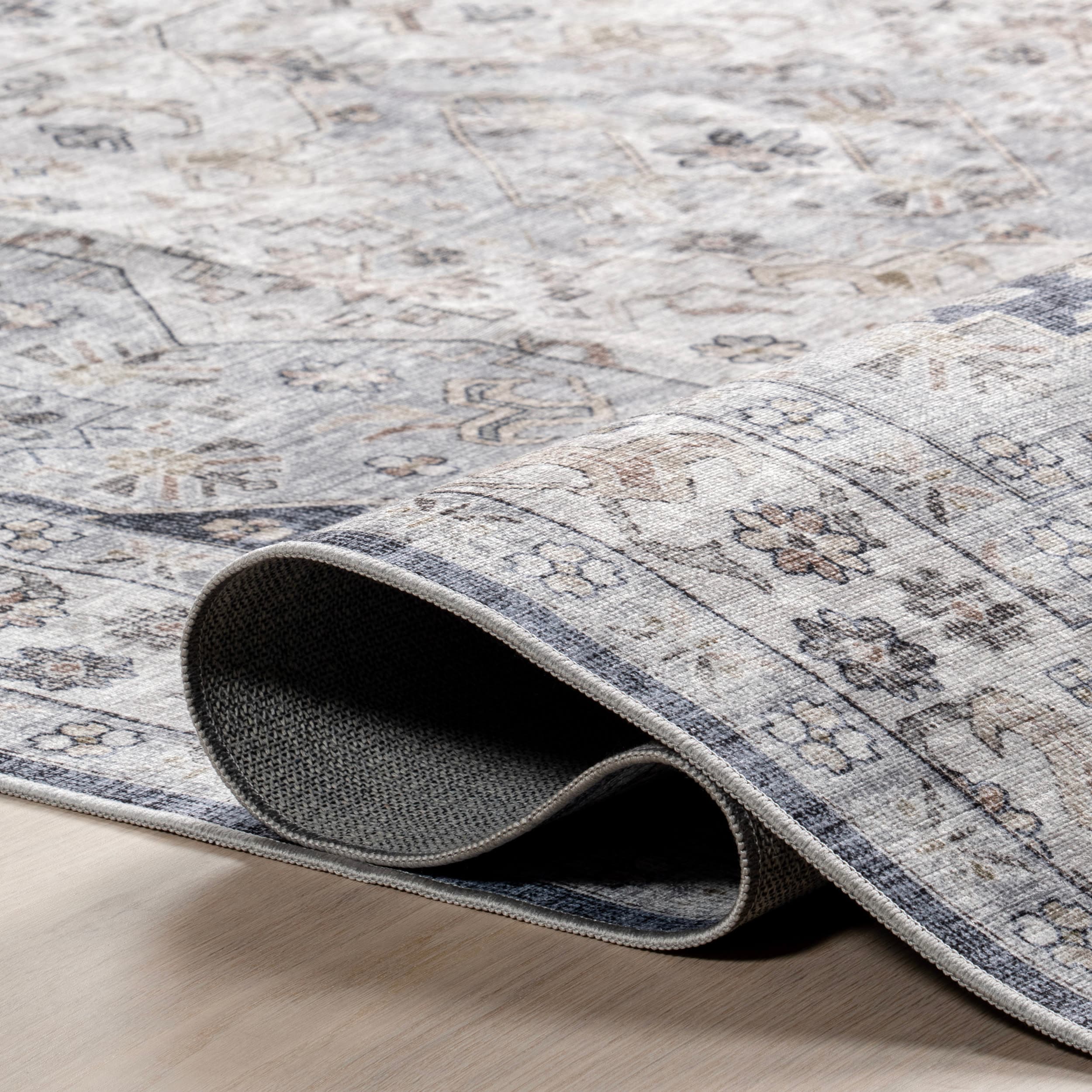 Casey Blue and Gray Synthetic Round Oriental Area Rug, 9' x 12'