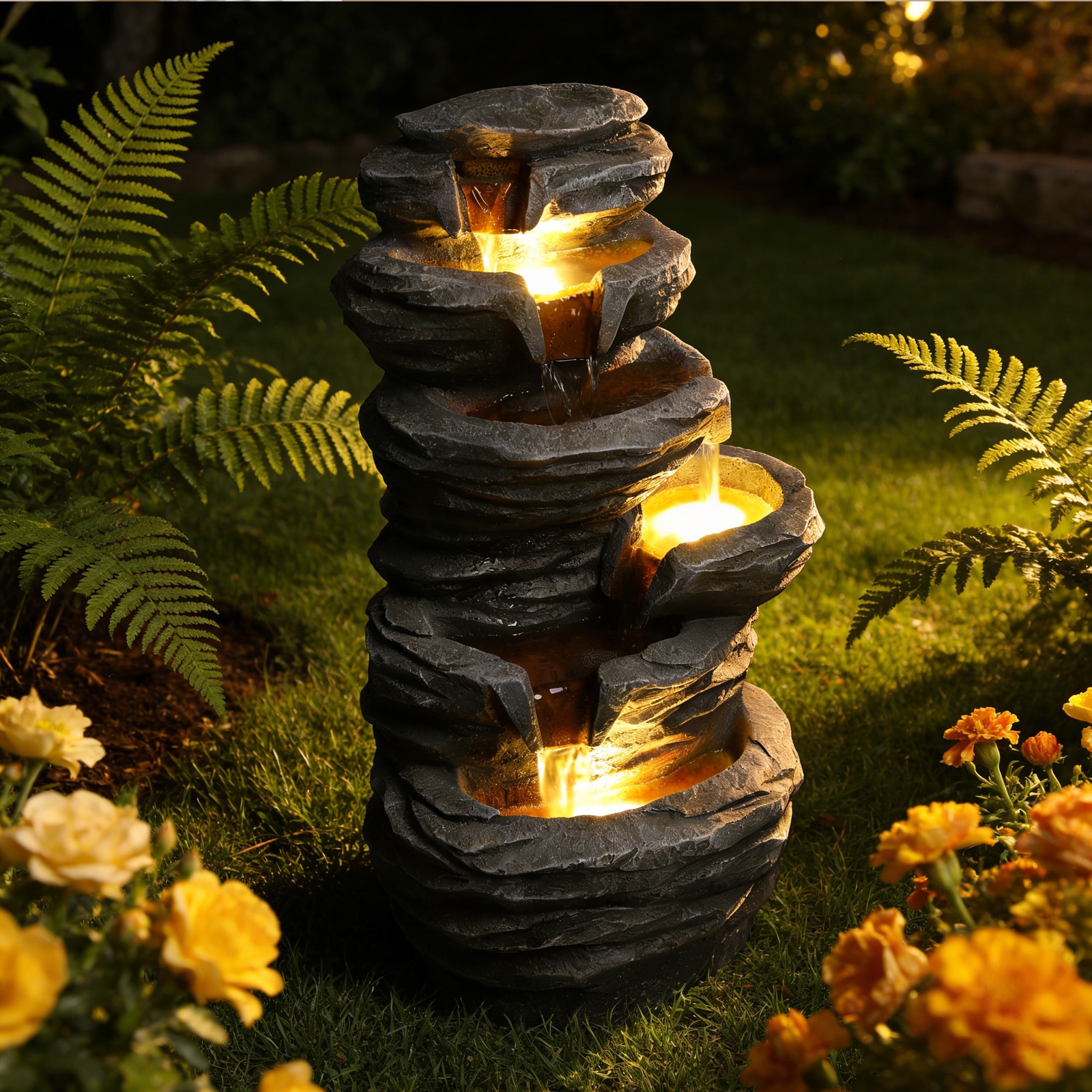 Anysun Stacked Rock Outdoor Waterfall Fountain with LED Lights Cascading Resin Water Feature for Patio Garden Yard