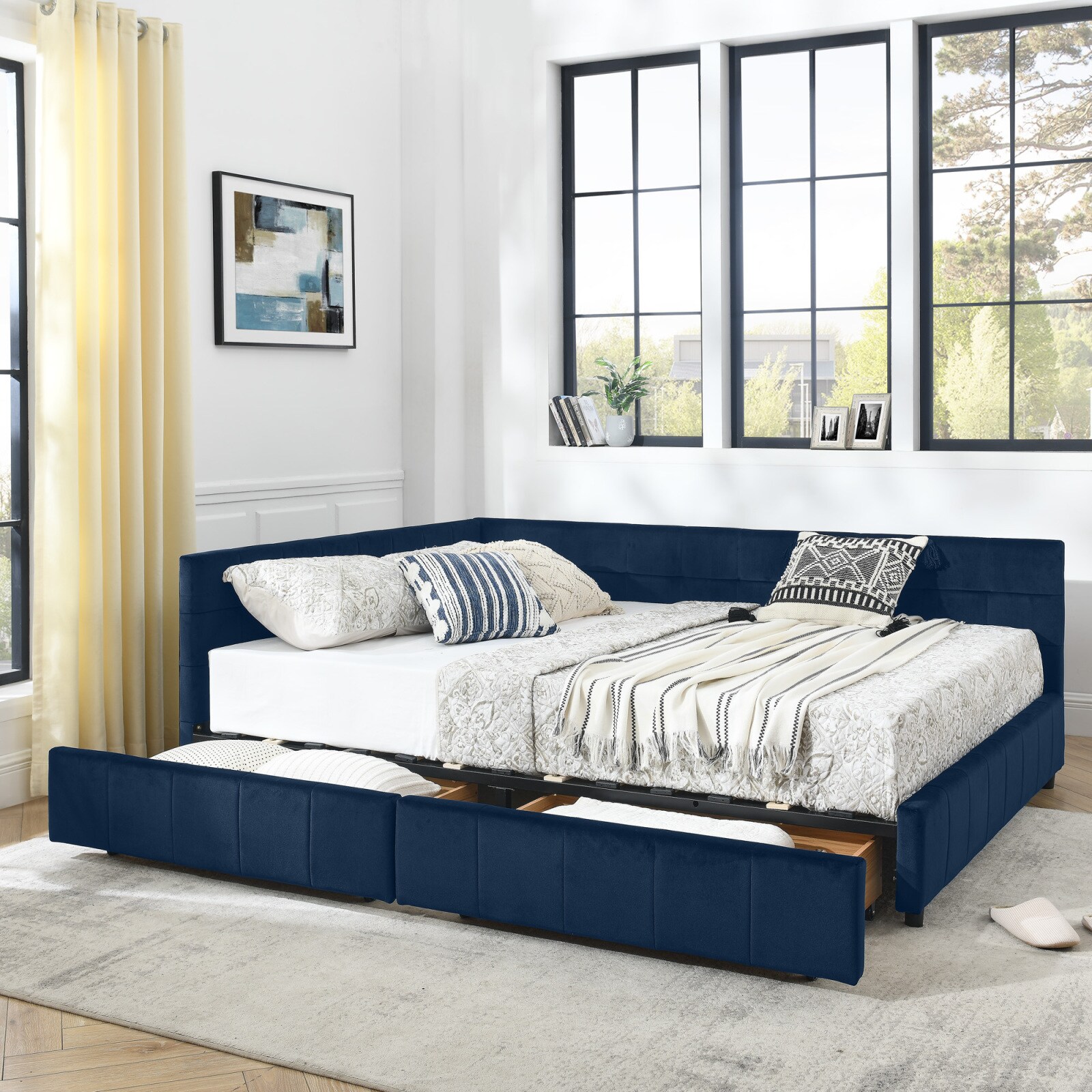 CHITA 85.5-Inch Dark Blue Queen Upholstered Bed Frame with Supportive Back and Arm Design Flexible Daybed Function and Multiuse Sofa and Bed Design