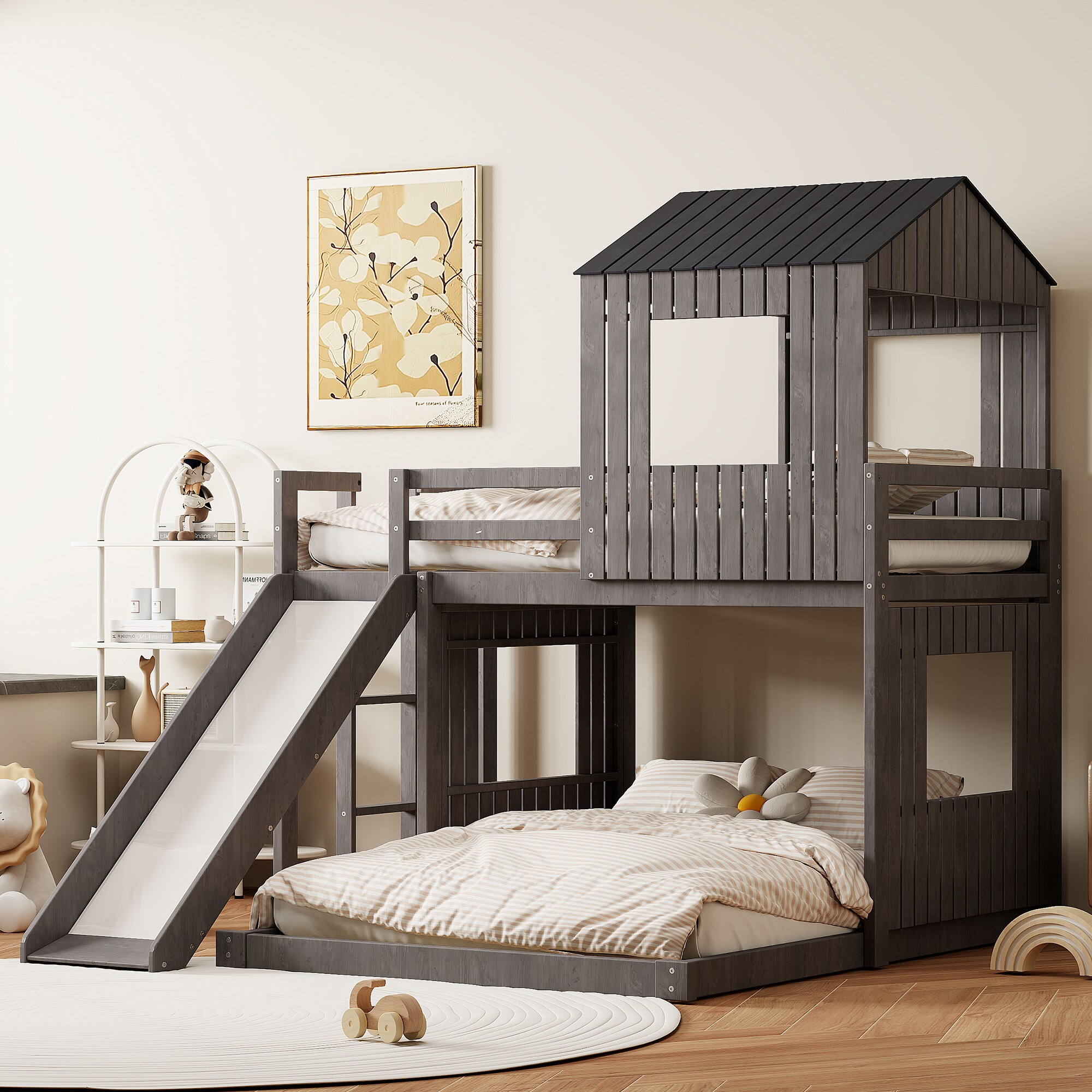 GDFStudio Greystone Wooden Twin Over Full Bunk Bed  Loft Bed with Playhouse