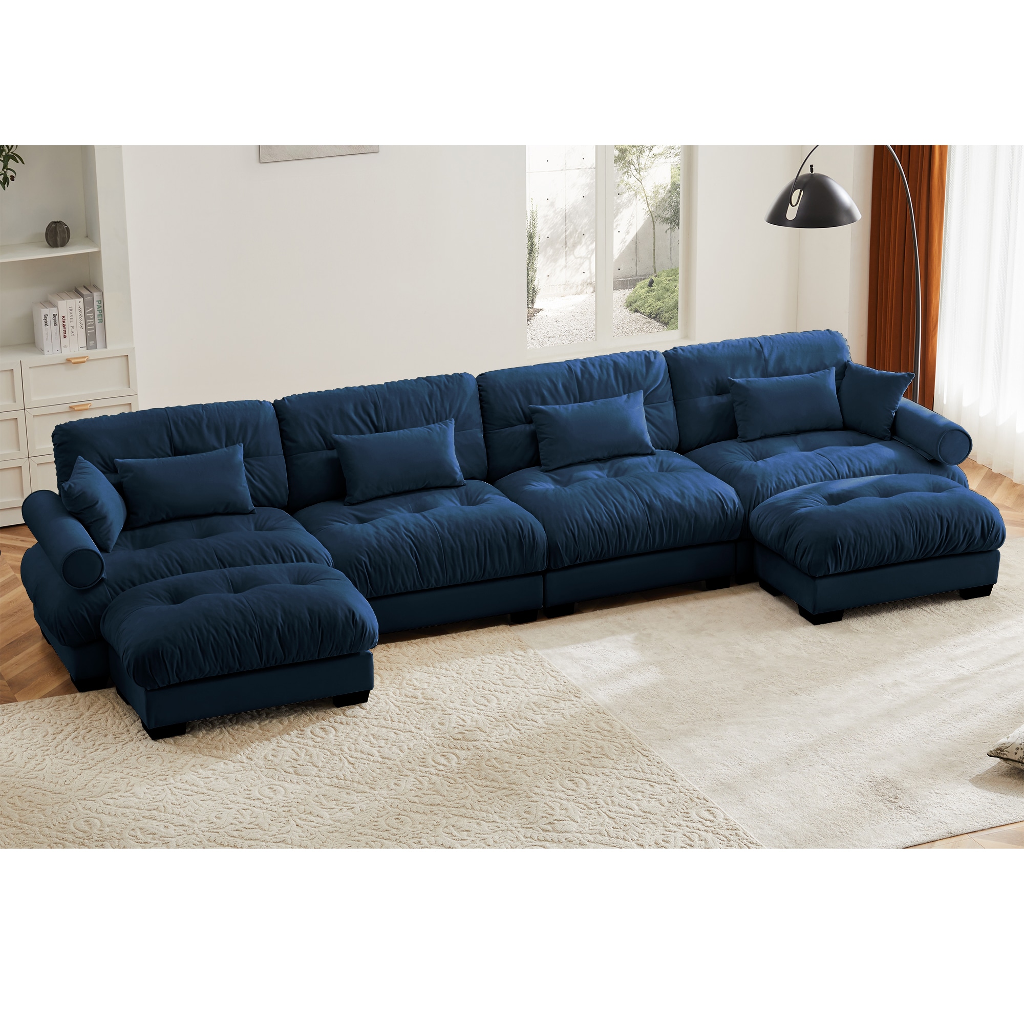 GDFStudio 322813 Azura Vintage Velvet 4 Seater Sectional Sofa with 2 Movable Ottomans and Pillows
