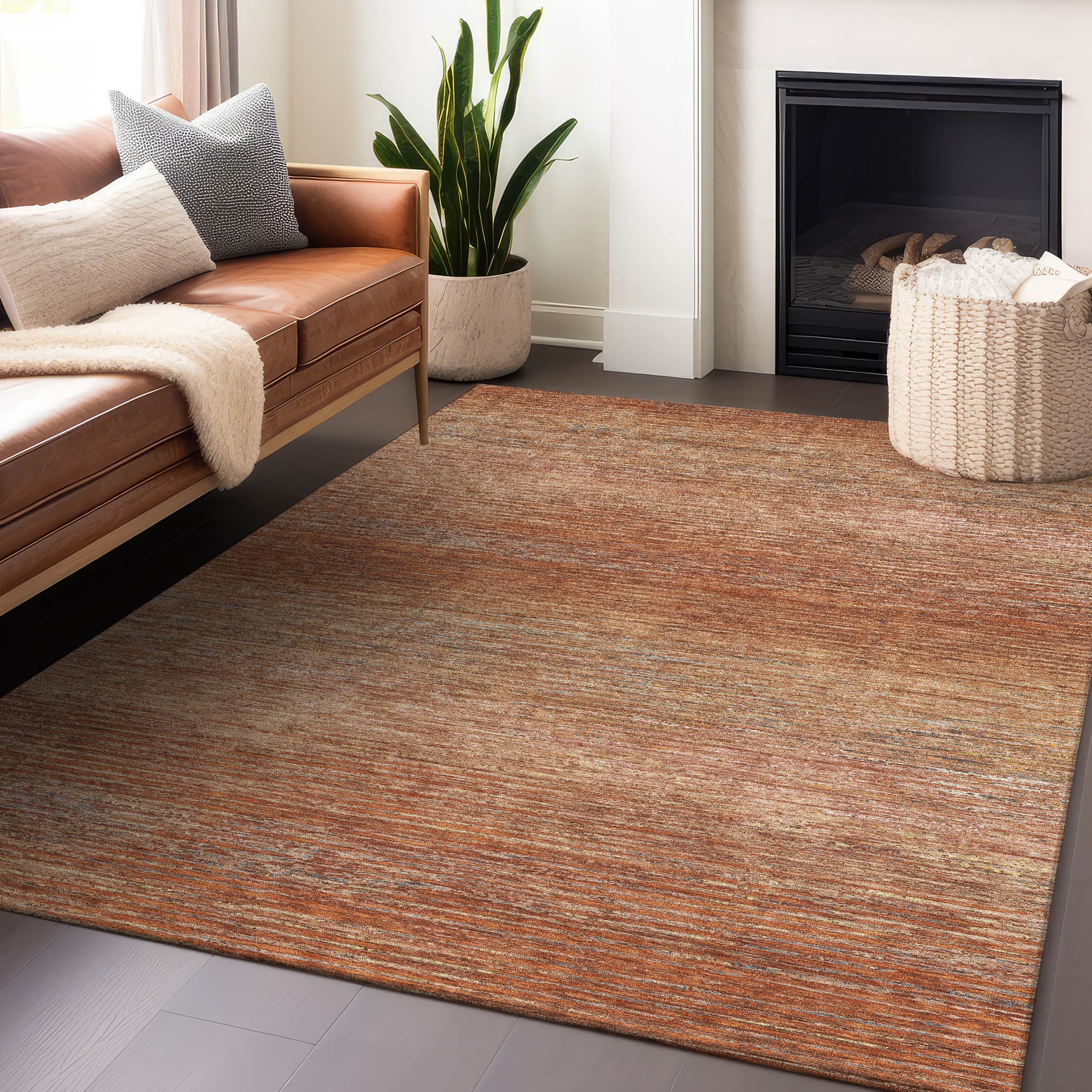 Copper Red Stripe Synthetic 9' x 12' Washable Rug