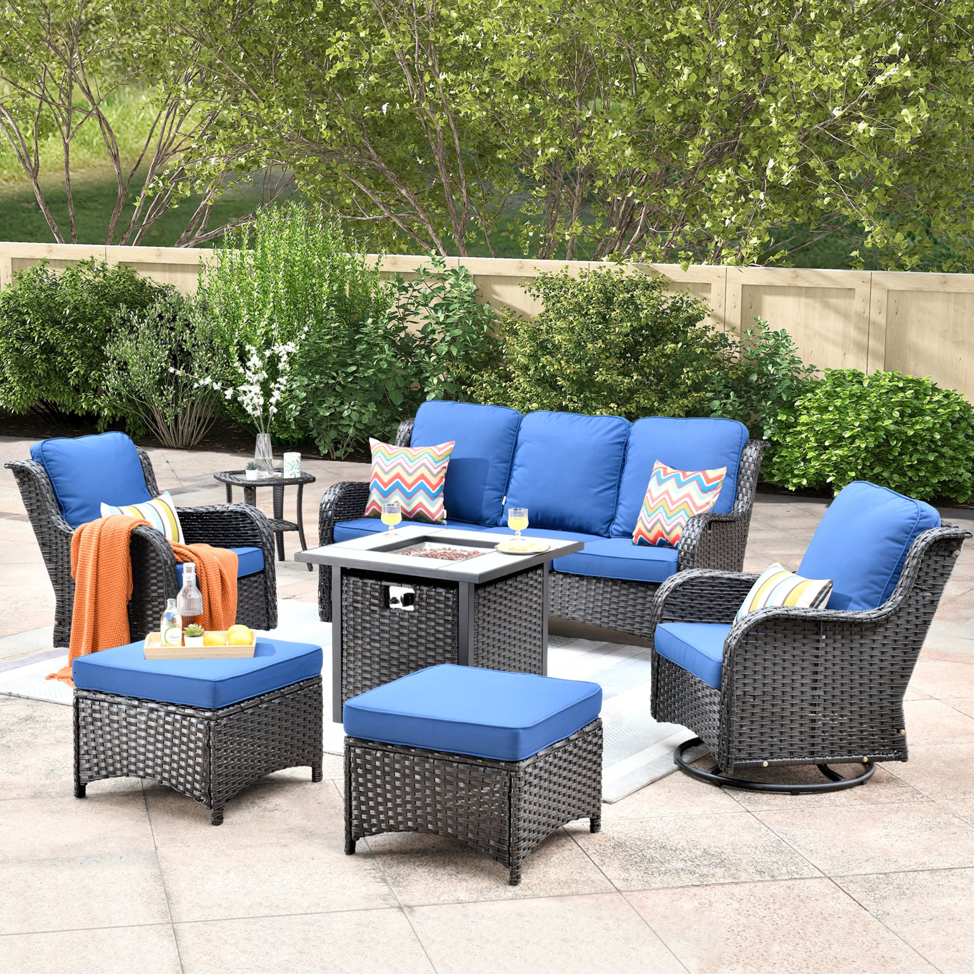 Pouuin 7-Piece Rattan Patio Conversation Set with Blue Olefin Cushions ...