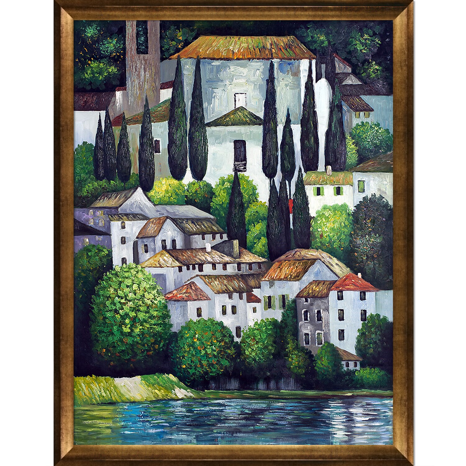 La Pastiche 688576427386 Church in Cassone (Landscape with Cypress) Gustav Klimt Gold Wood Framed 41-Inches H x 53-Inches W Cityscape Canvas Hand-Painted Painting