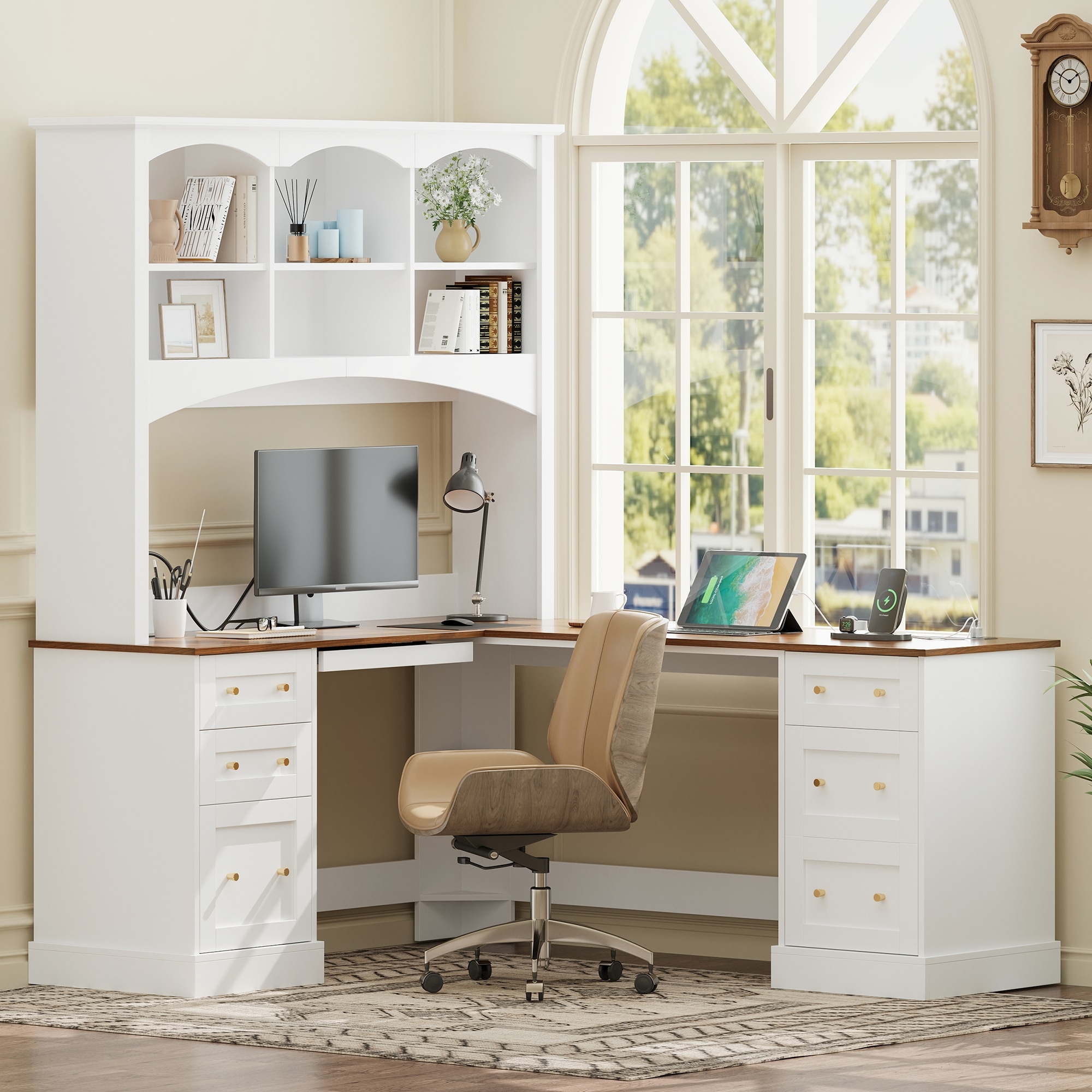 ModernLuxe Space-Saving L-Shaped Computer Desk with Keyboard Tray and Charging Stations