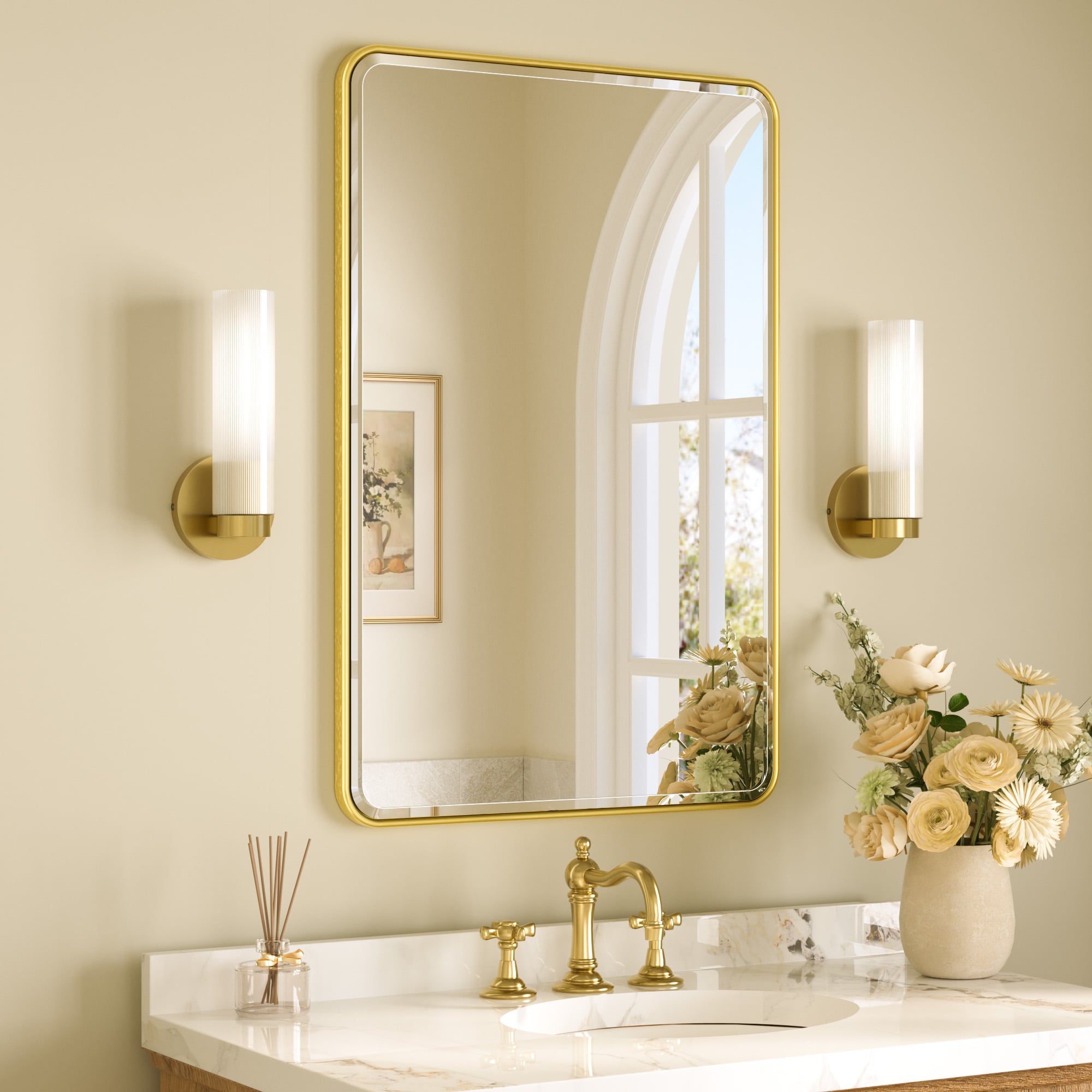 TETOTE - 24x36 Inch Brushed Gold Framed Rectangle Bathroom Vanity Mirror