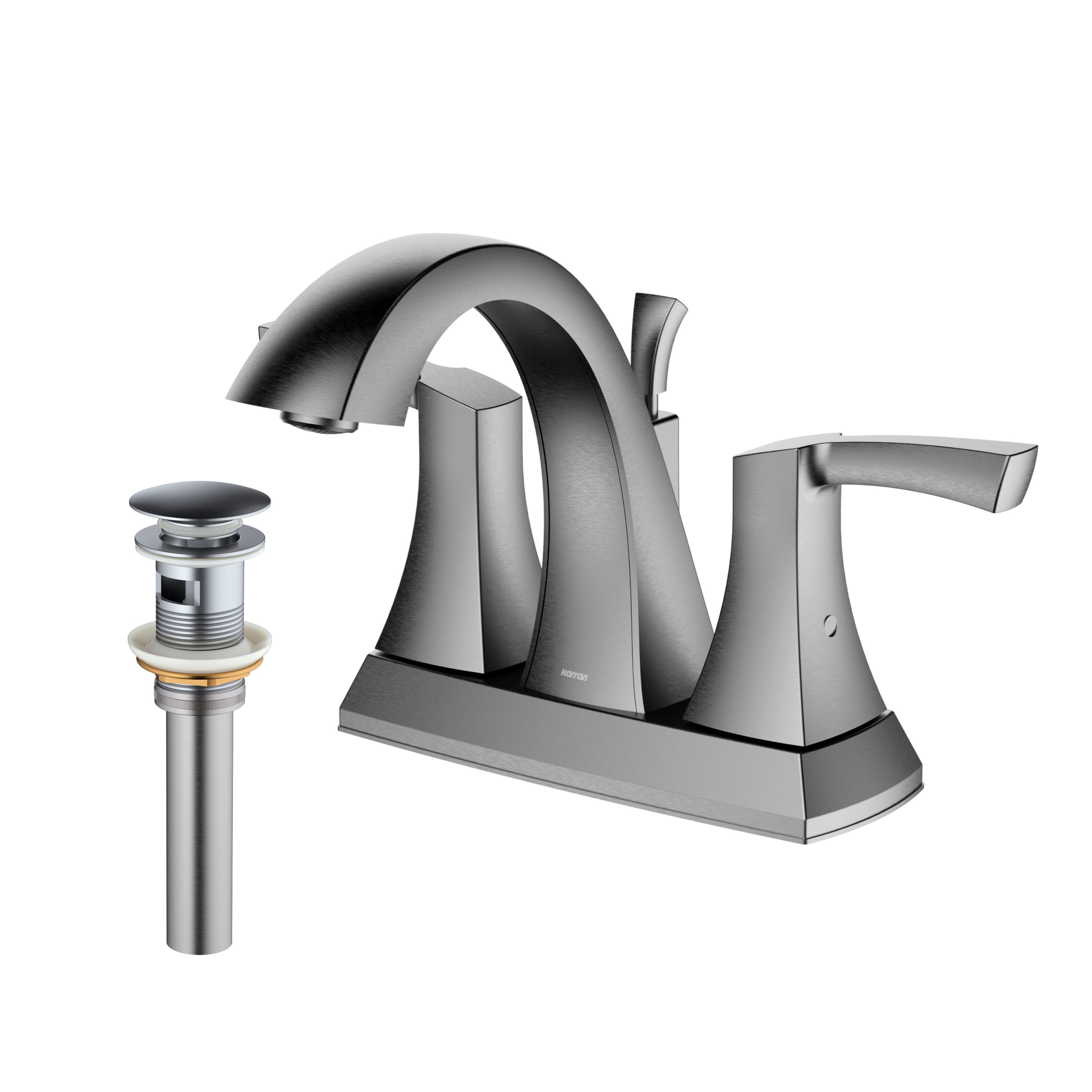 Karran KBF526SS Randburg Stainless Steel 4-in centerset 2-handle WaterSense Low-arc Residential Handle Bathroom Sink Faucet with Drain