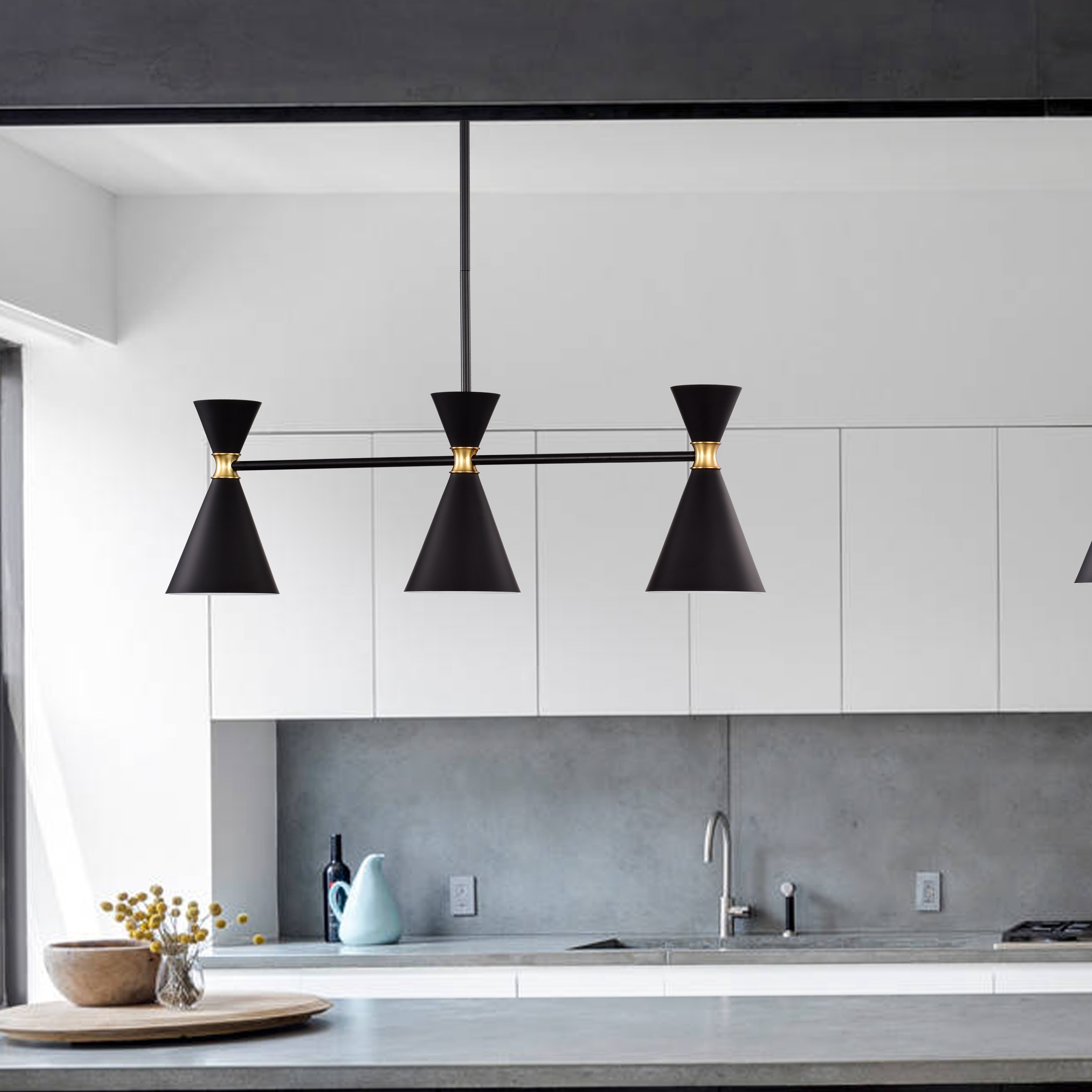 Modern Hourglass 3-Light Island Pendant in Black with Brass Accents