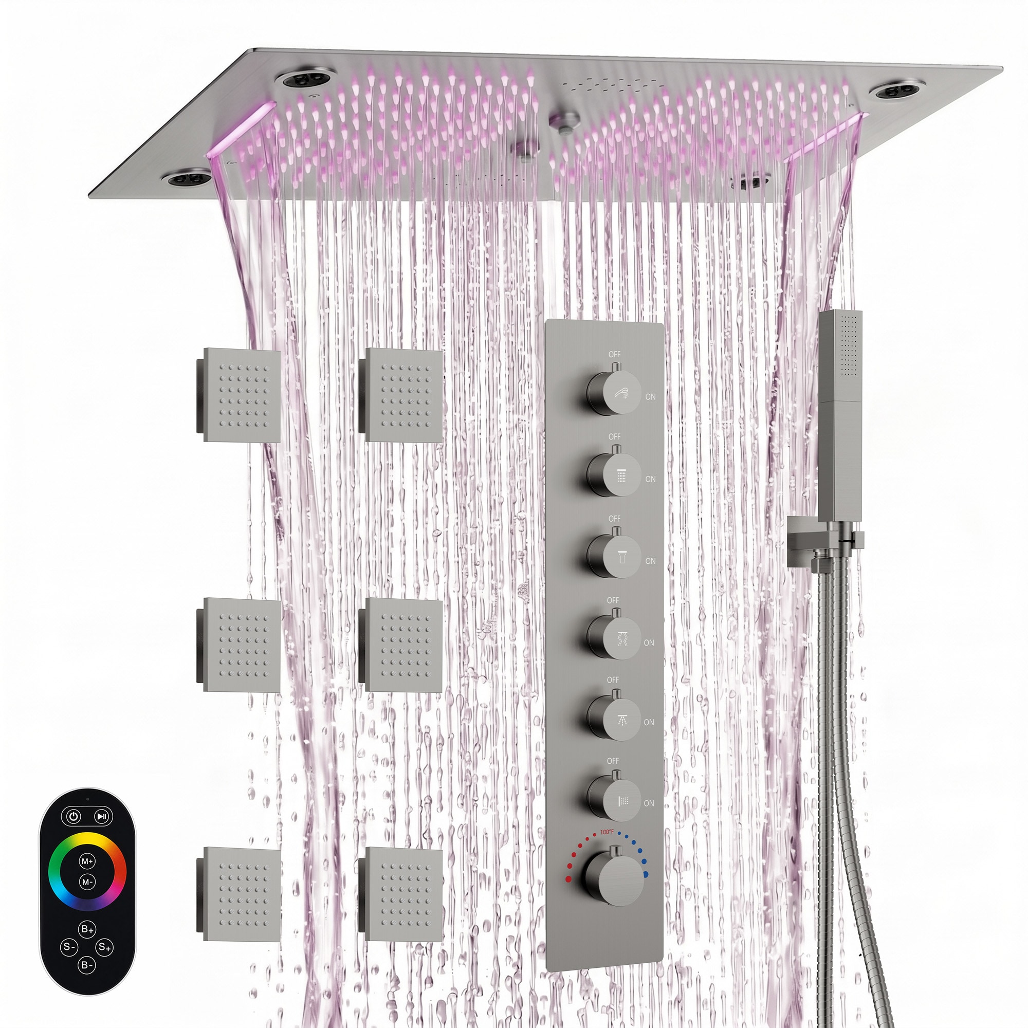 GRANDJOY AuroraMist 28 inches by 16 inches Ceiling Mount 6 Spray 3 Jet Handheld Thermostatic Shower System 2 1/2 GPM Valve Included Brushed Nickel