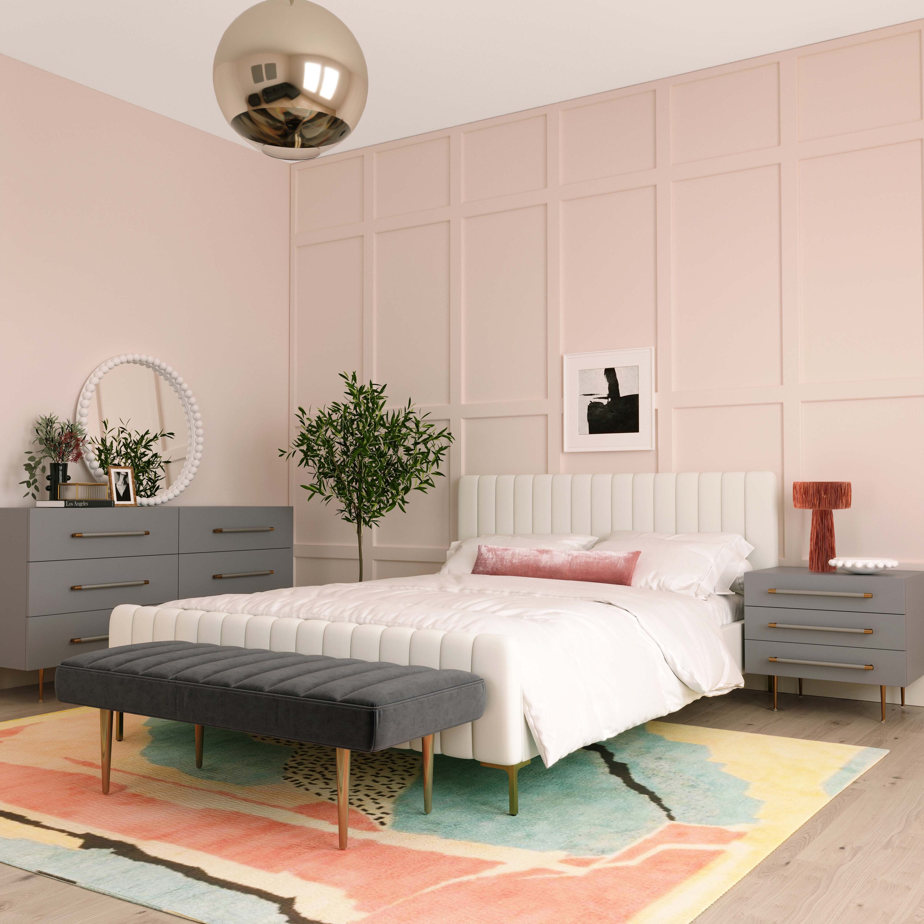 Gray 3-Drawer Nightstand with Brass Accents