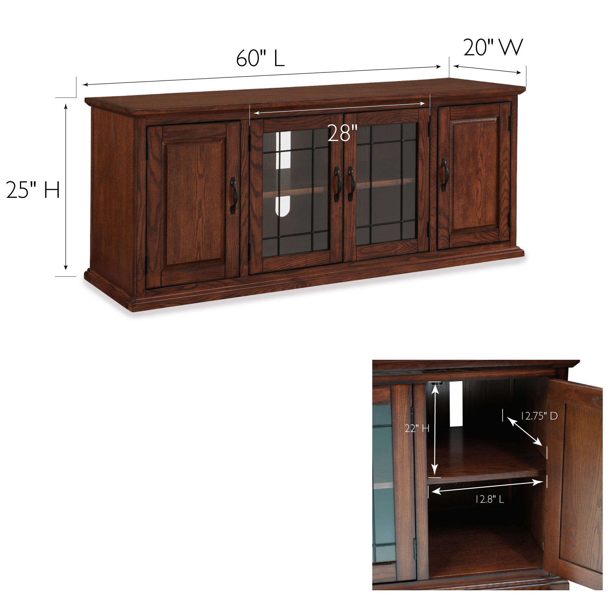 Burnished Oak 60" TV Stand with Leaded Glass Cabinet